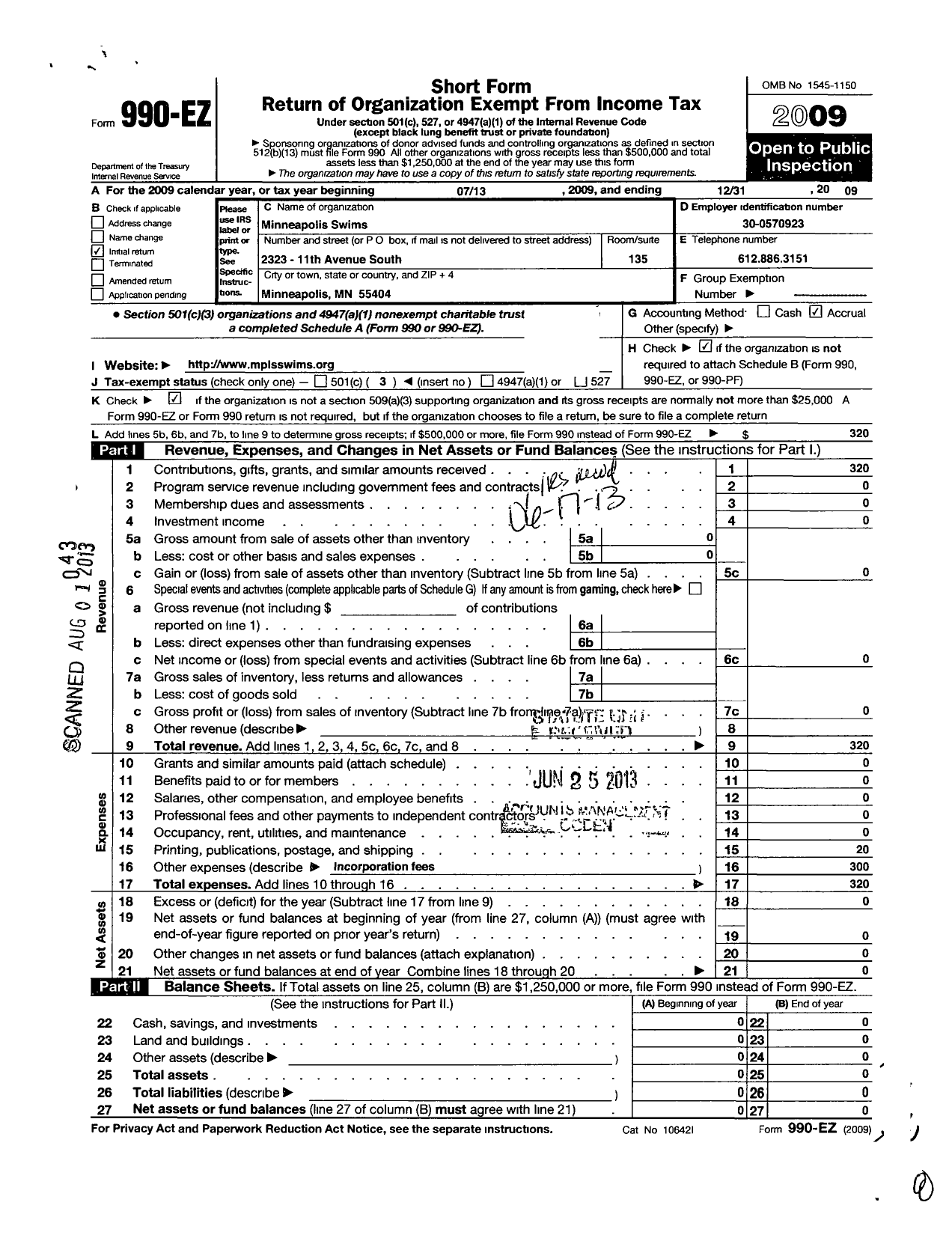 Image of first page of 2009 Form 990EZ for Minneapolis Swims