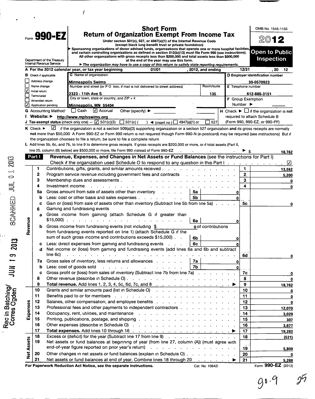 Image of first page of 2012 Form 990EZ for Minneapolis Swims