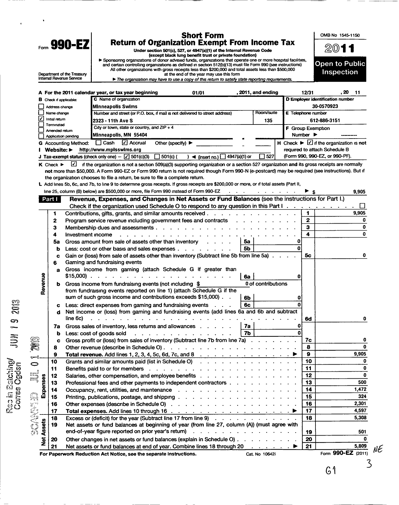 Image of first page of 2011 Form 990EZ for Minneapolis Swims