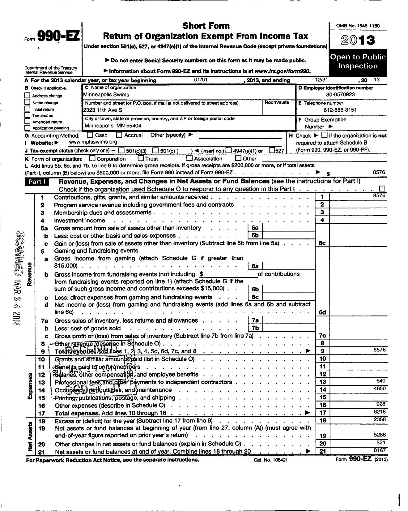 Image of first page of 2013 Form 990EO for Minneapolis Swims