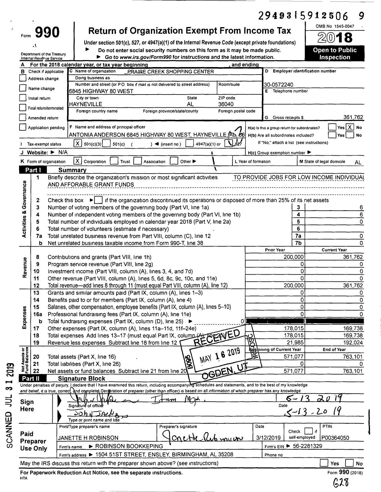 Image of first page of 2018 Form 990 for Praire Creek Shopping Center