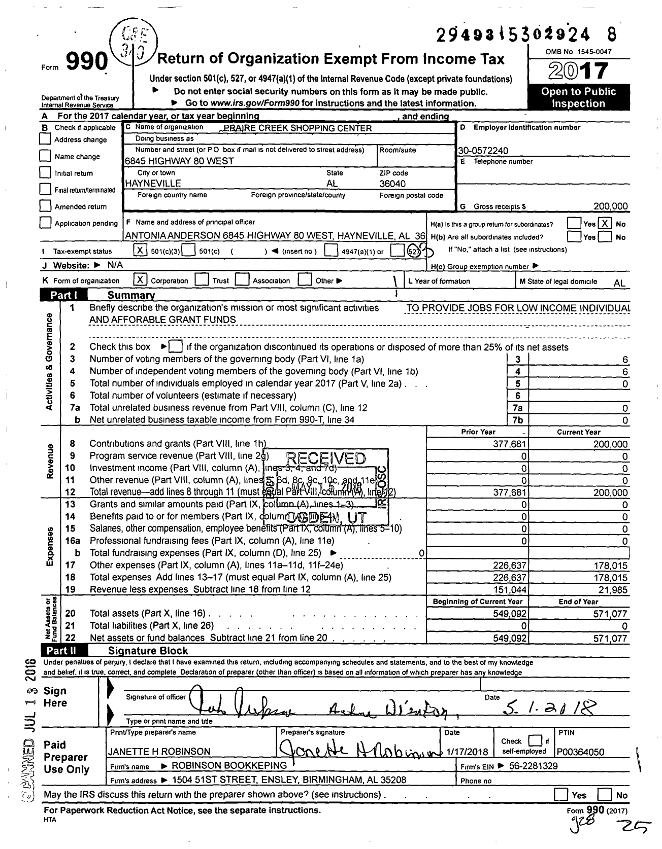 Image of first page of 2017 Form 990 for Praire Creek Shopping Center