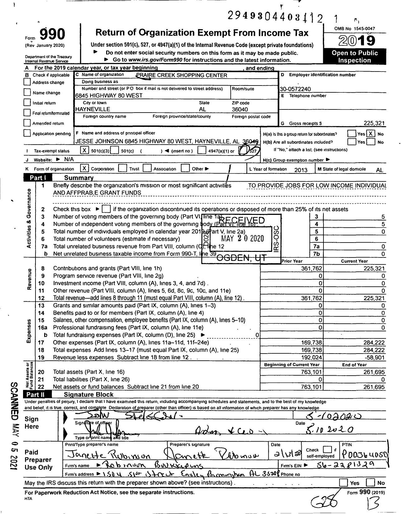 Image of first page of 2019 Form 990 for Praire Creek Shopping Center