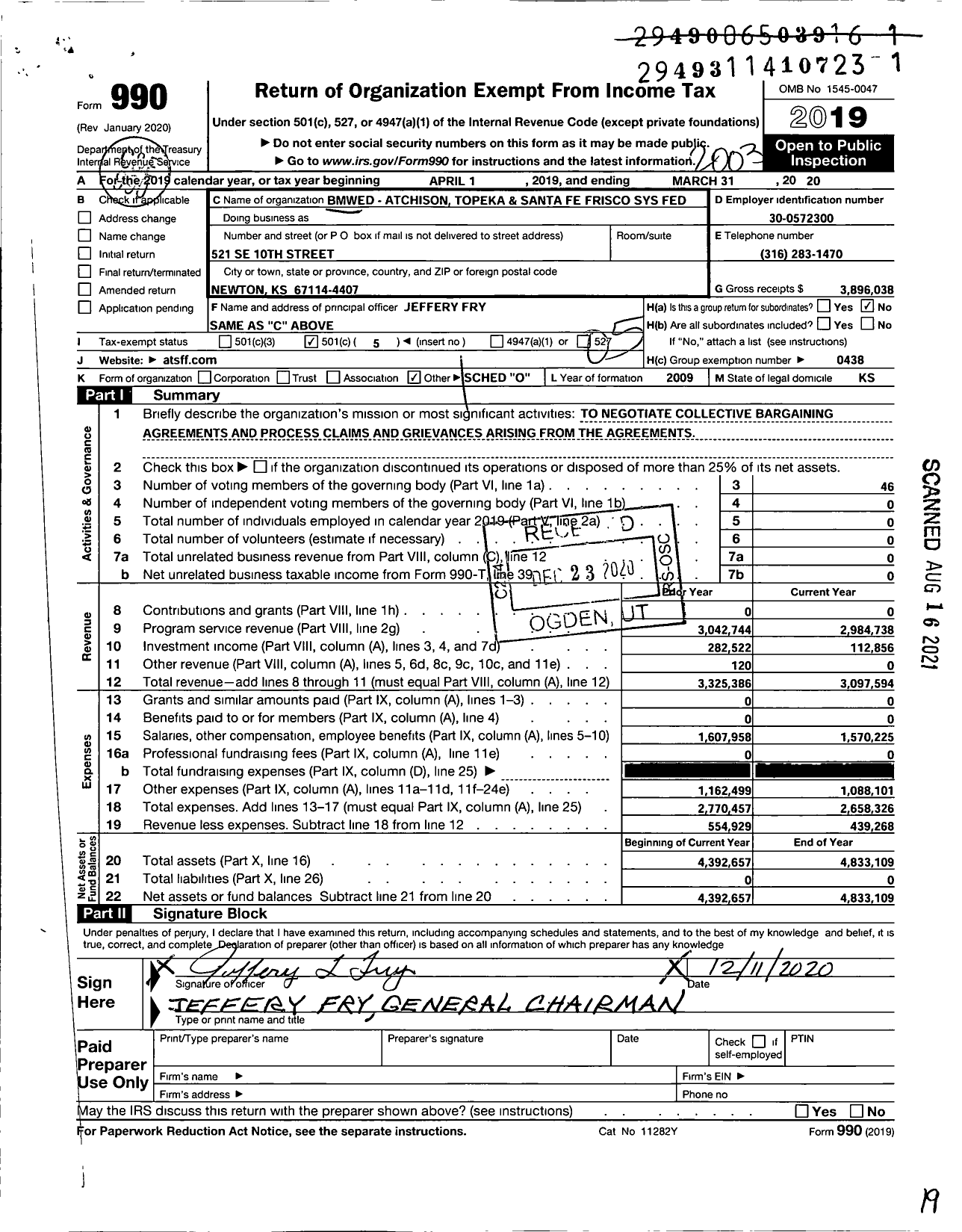 Image of first page of 2019 Form 990O for Brotherhood of Maintenance of Way Employes - Atchison Topeka & Santa Fe Frisco