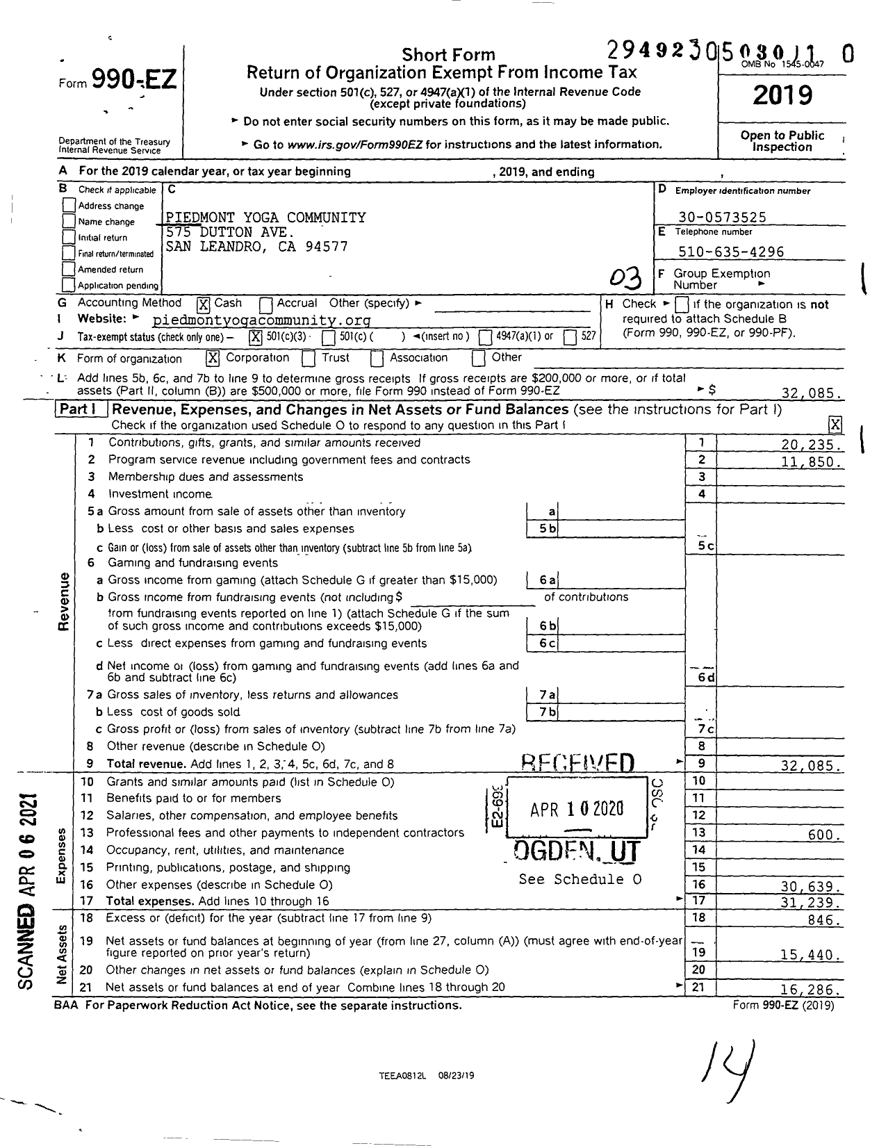 Image of first page of 2019 Form 990EZ for Piedmont Yoga Community