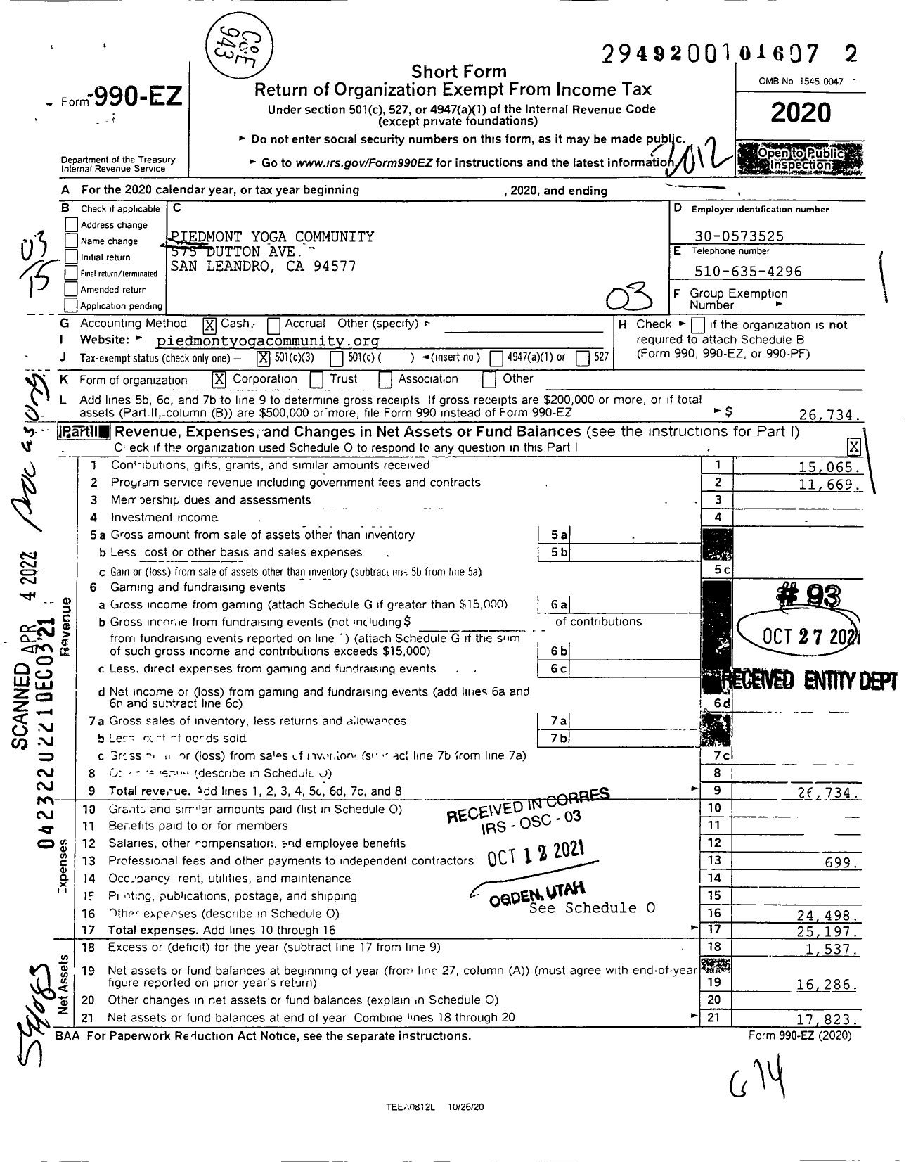 Image of first page of 2020 Form 990EZ for Piedmont Yoga Community