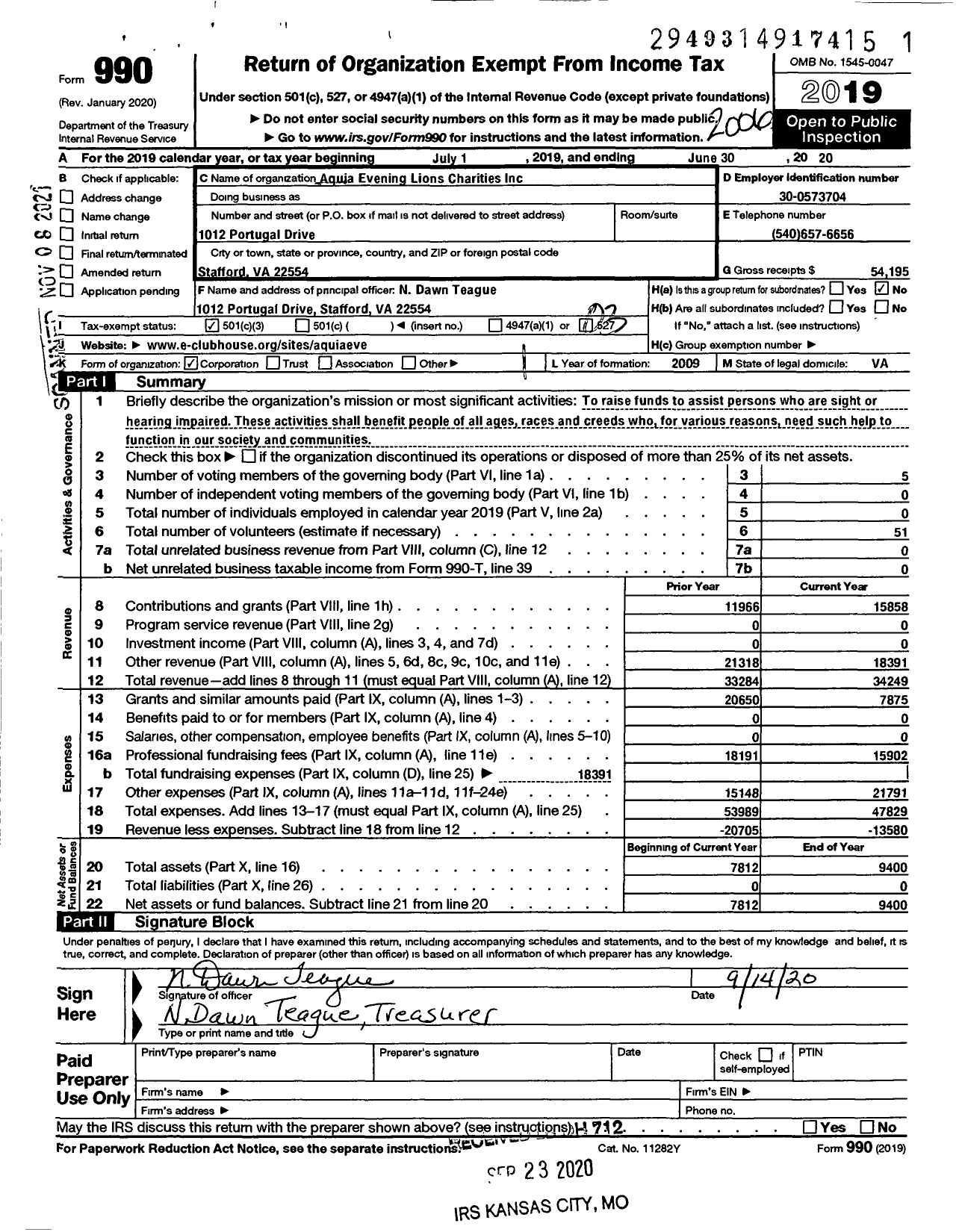 Image of first page of 2019 Form 990 for Aquia Evening Lions Charities