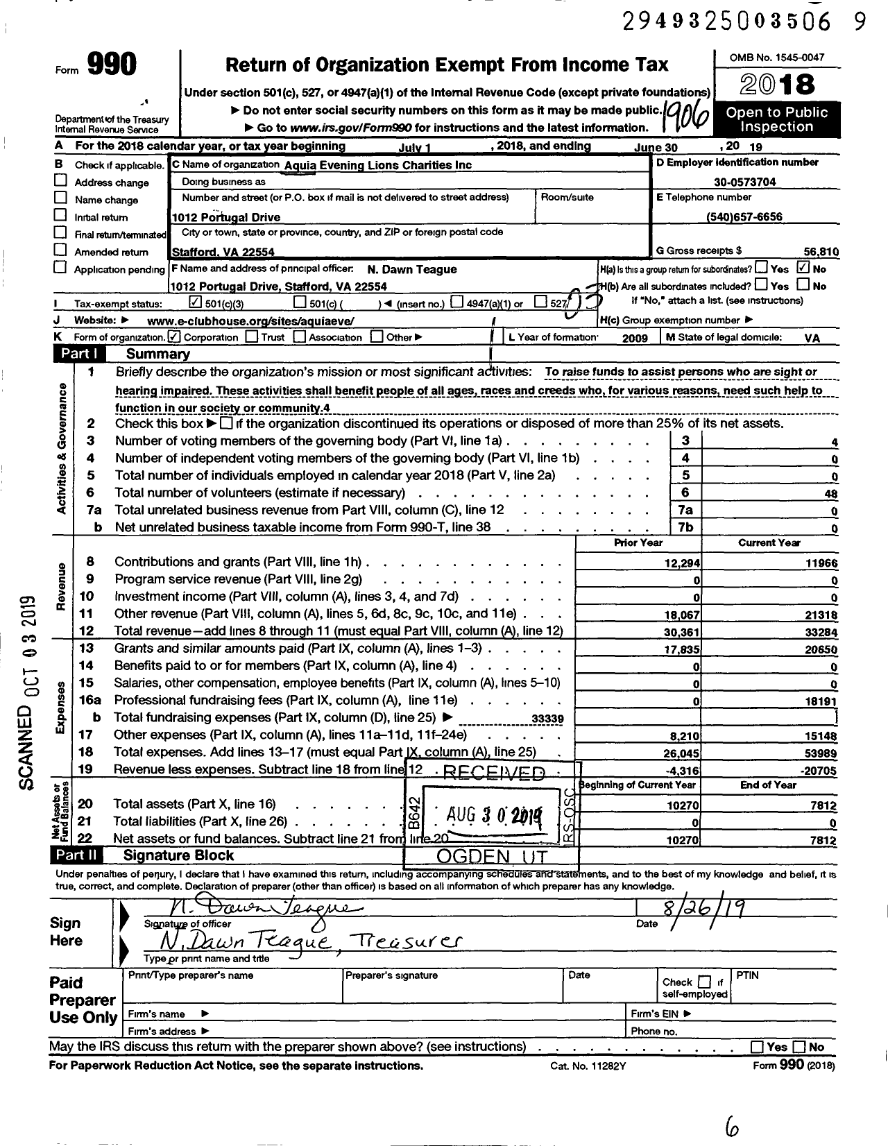 Image of first page of 2018 Form 990 for Aquia Evening Lions Charities