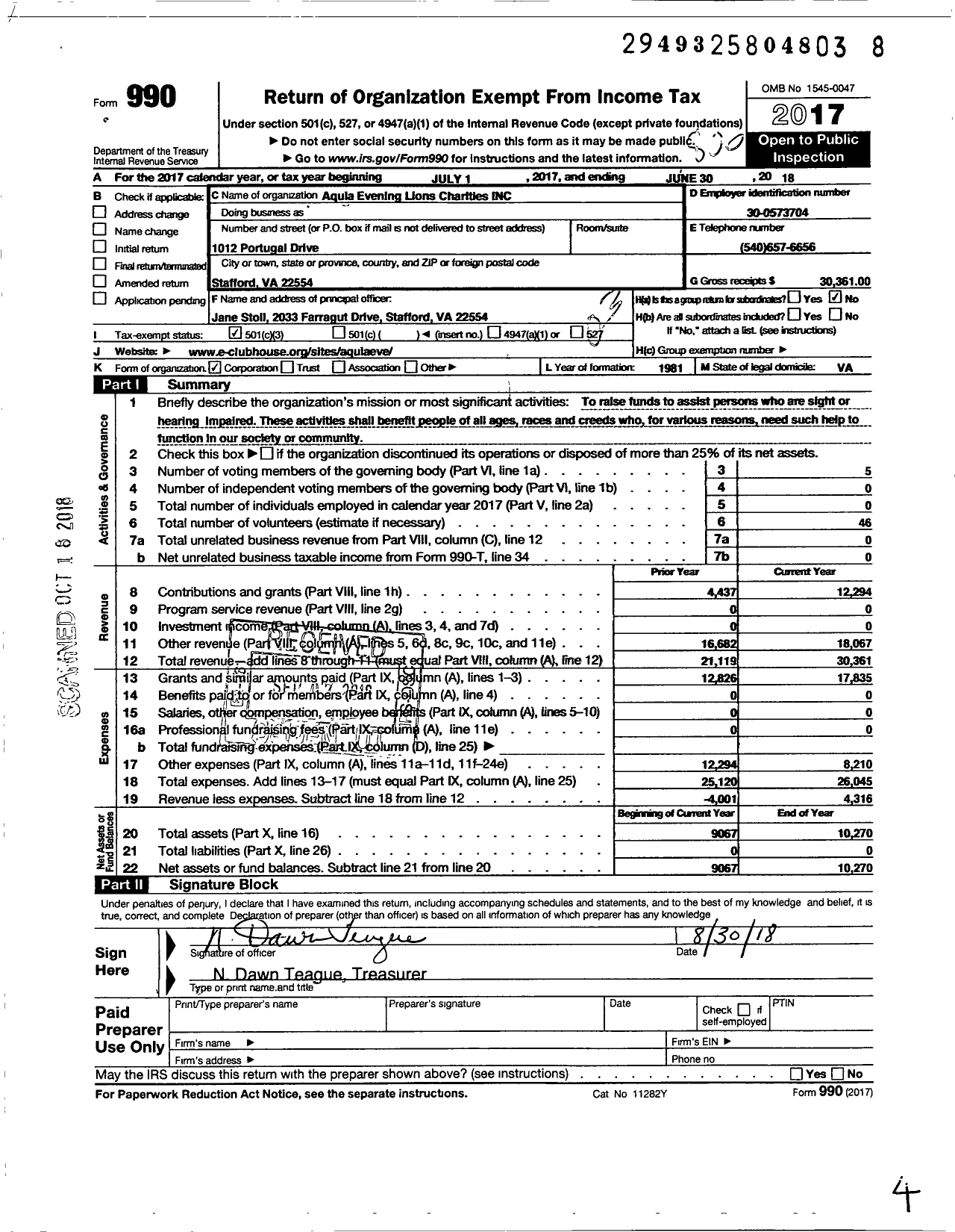 Image of first page of 2017 Form 990 for Aquia Evening Lions Charities