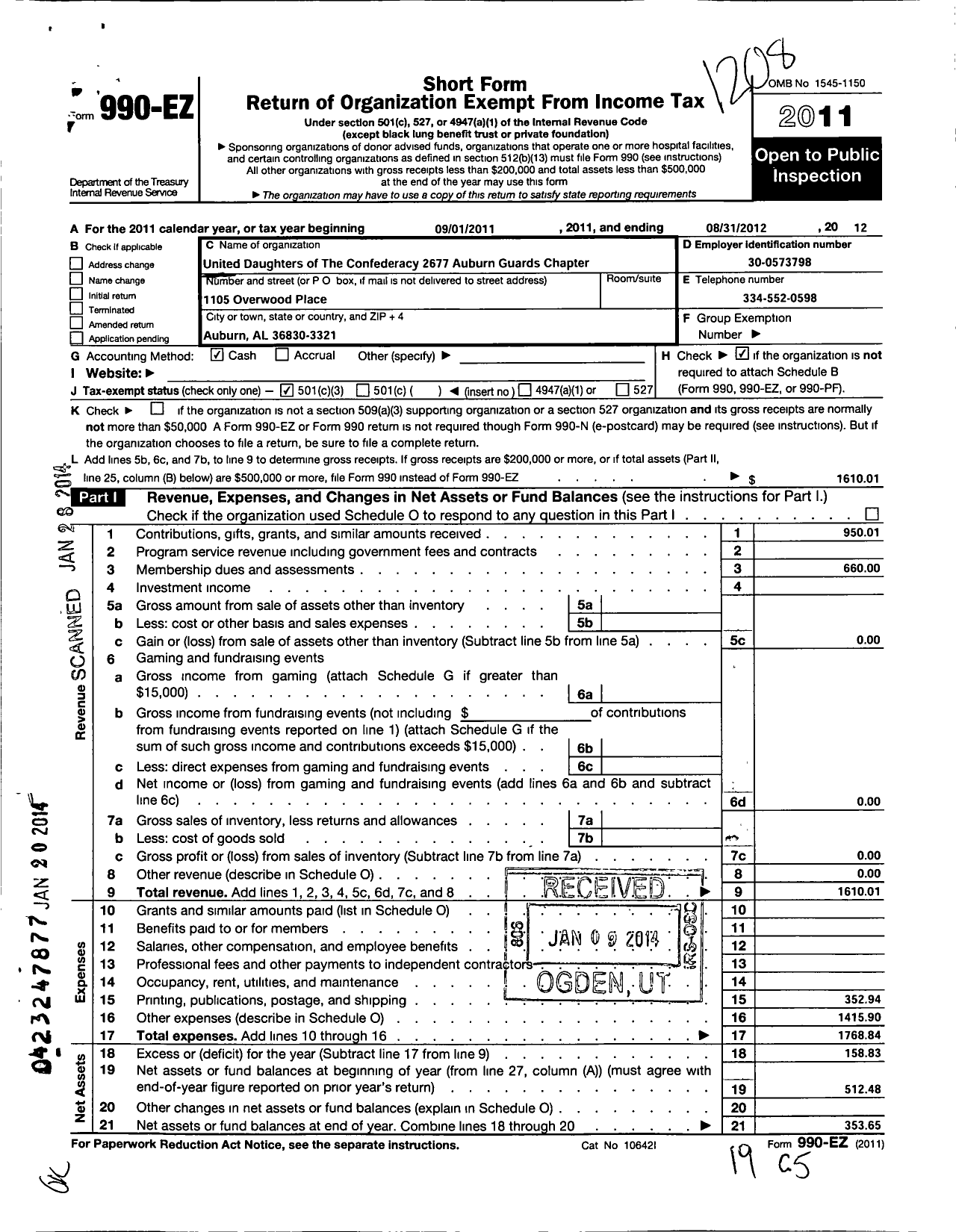 Image of first page of 2011 Form 990EZ for United Daughters of the Confederacy - 2677 Auburn Guards Chapter