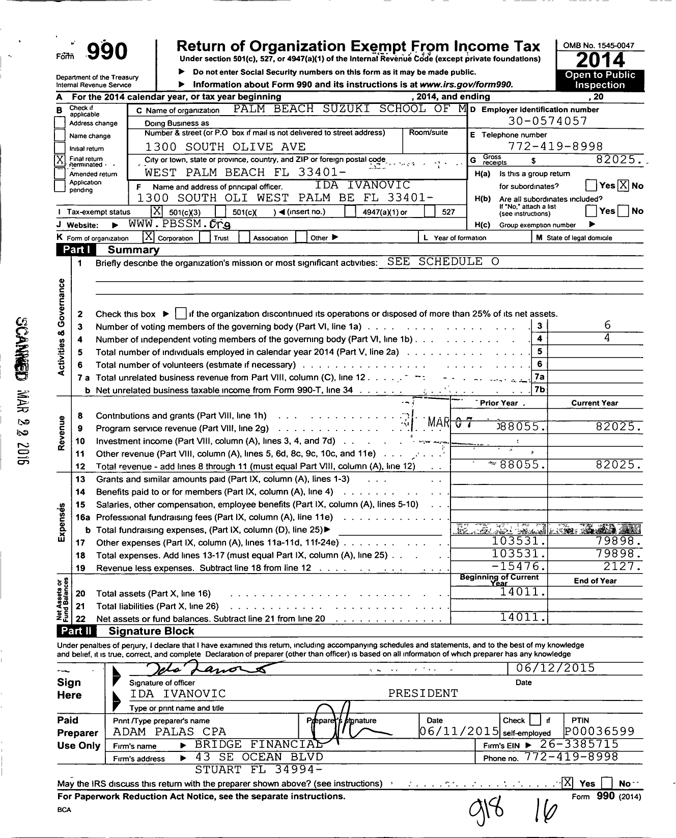 Image of first page of 2014 Form 990 for Palm Beach Suzuki School Of Music