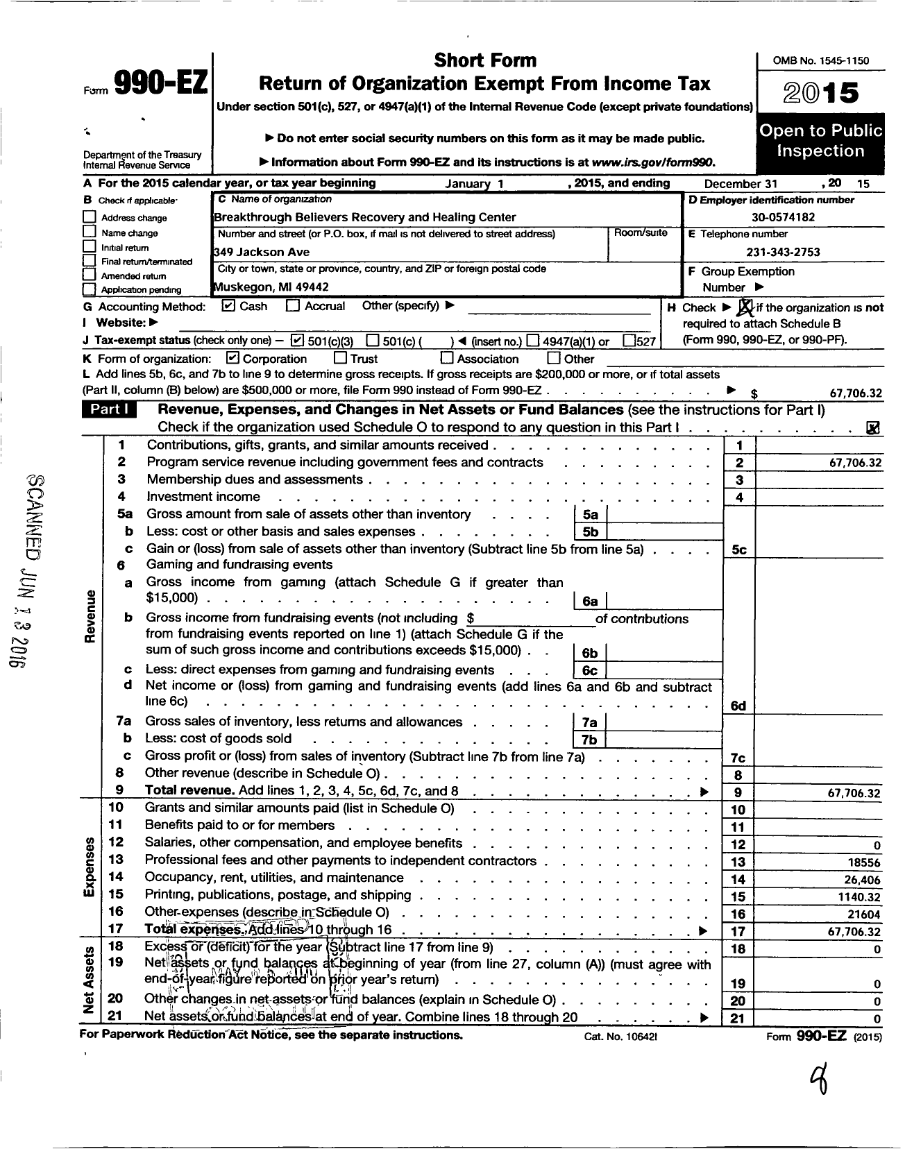 Image of first page of 2015 Form 990EZ for Breakthrough Believers Recovery and Healing Center