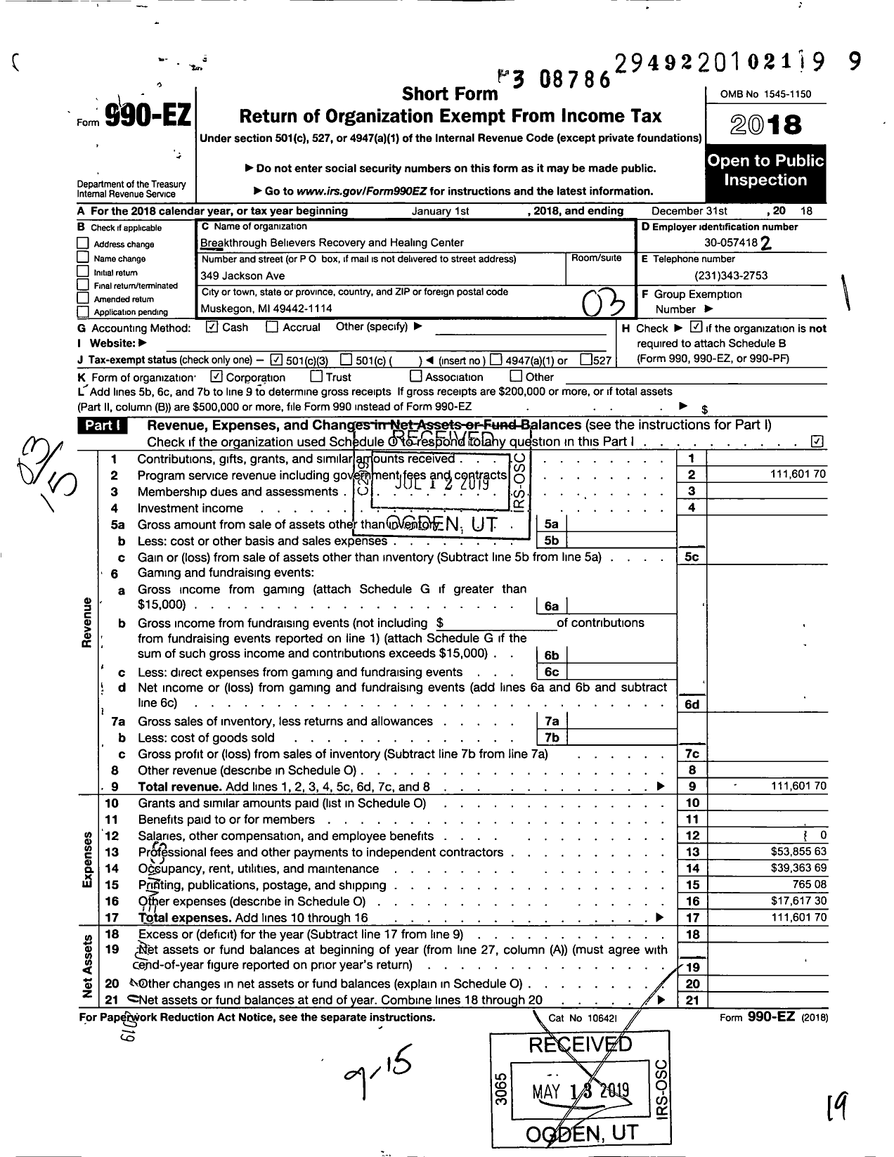 Image of first page of 2018 Form 990EZ for Breakthrough Believers Recovery and Healing Center