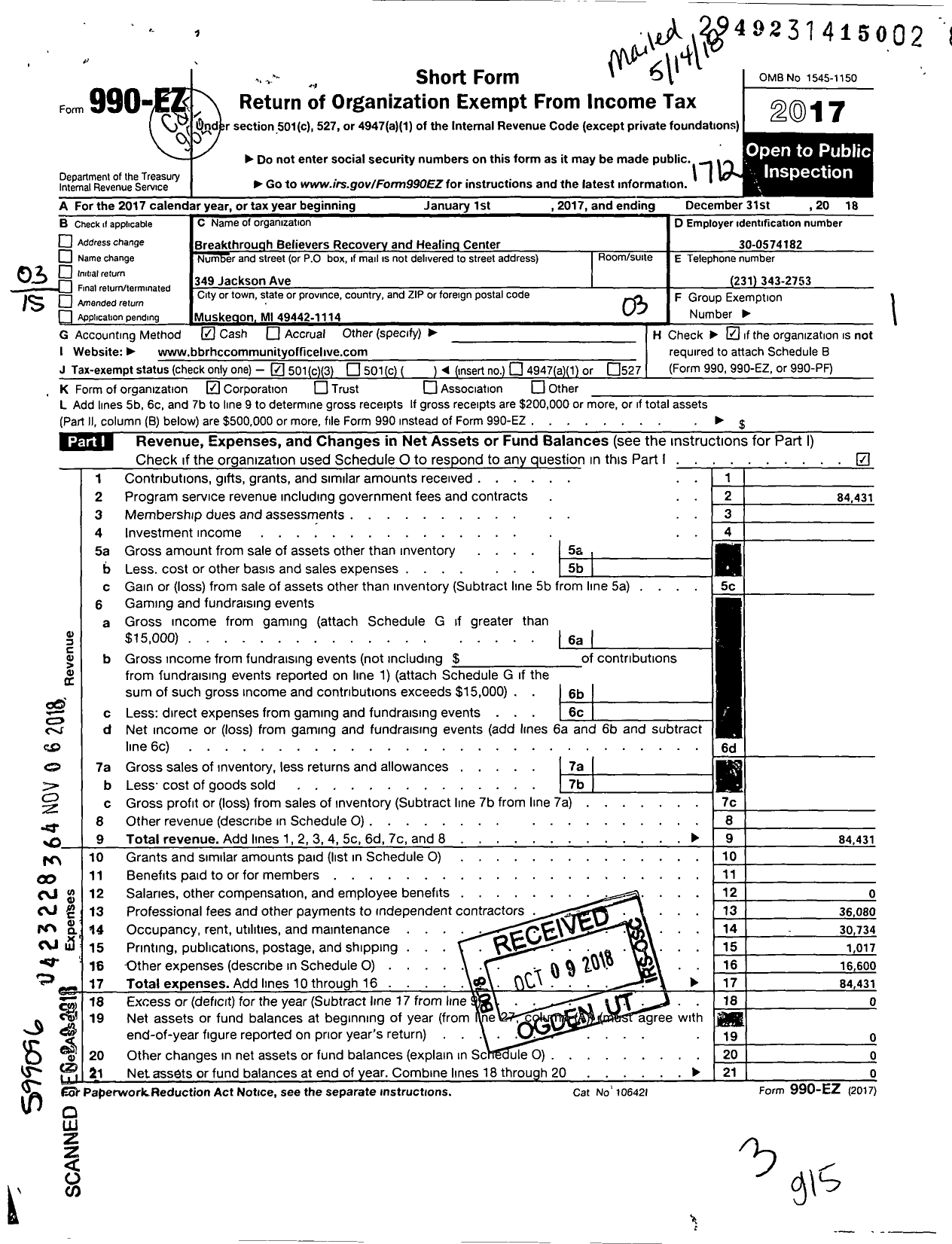 Image of first page of 2017 Form 990EZ for Breakthrough Believers Recovery and Healing Center