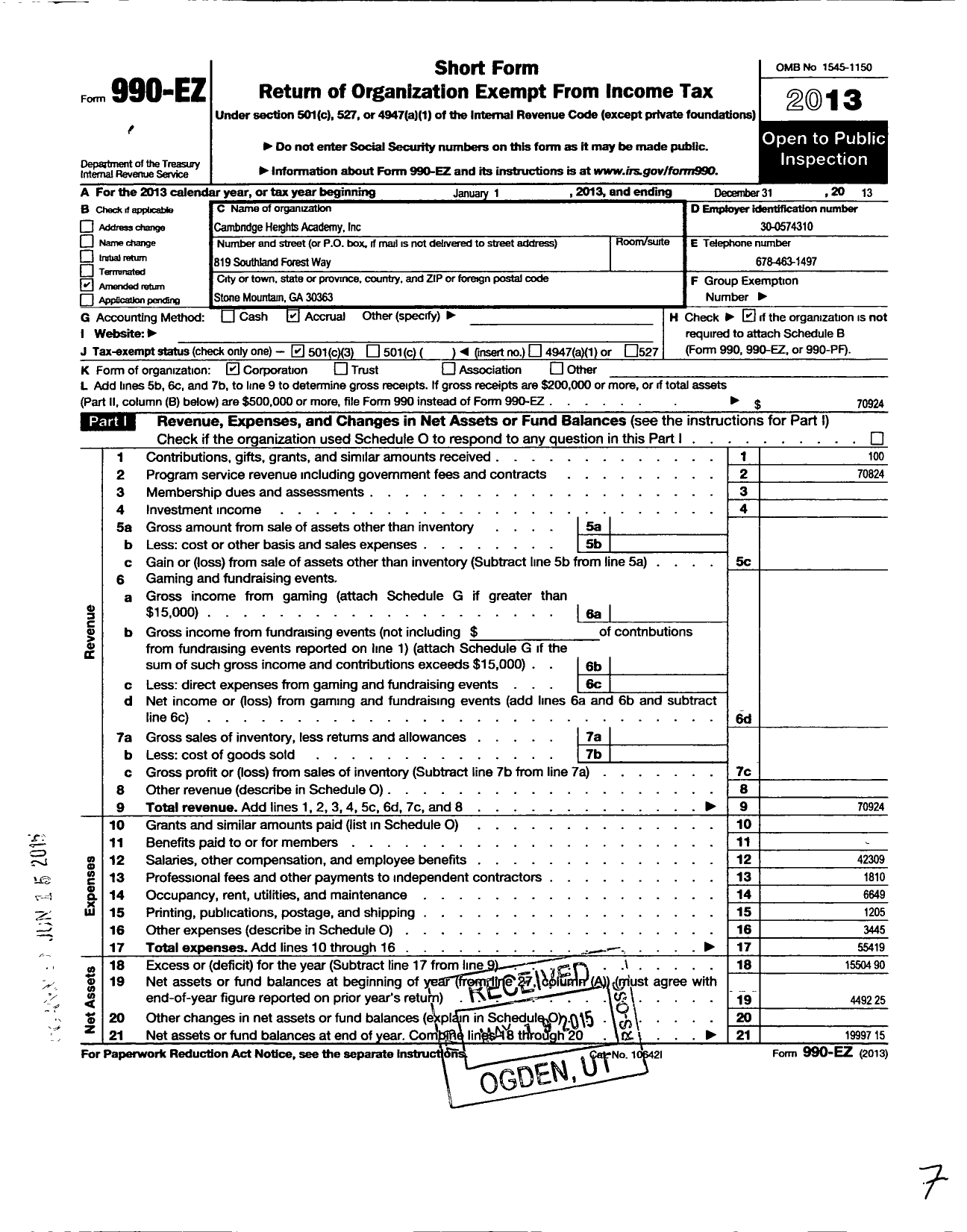 Image of first page of 2013 Form 990EZ for Cambridge Heights Academy