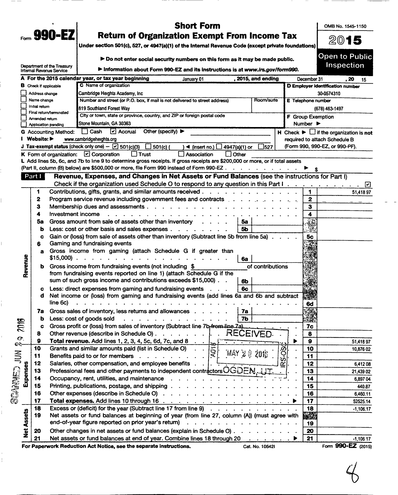 Image of first page of 2015 Form 990EZ for Cambridge Heights Academy