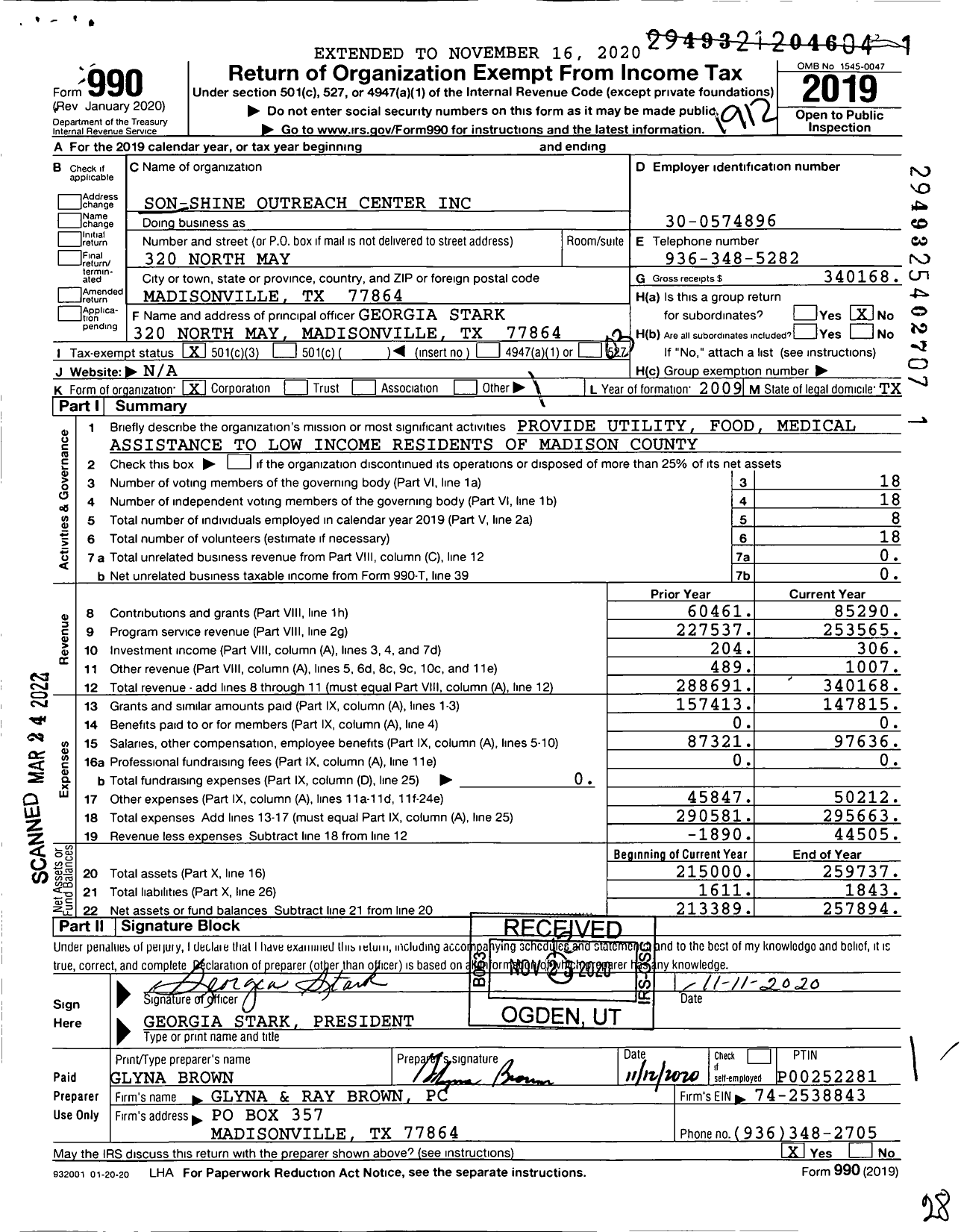 Image of first page of 2019 Form 990 for Son-Shine Outreach Center