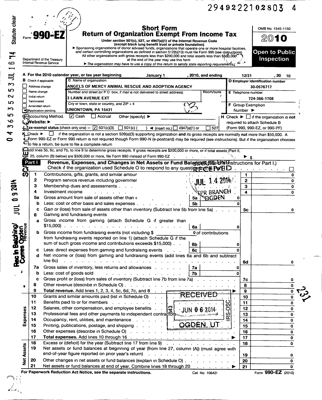 Image of first page of 2010 Form 990EZ for Angels of Mercy Animal Rescue and Adoption Agency