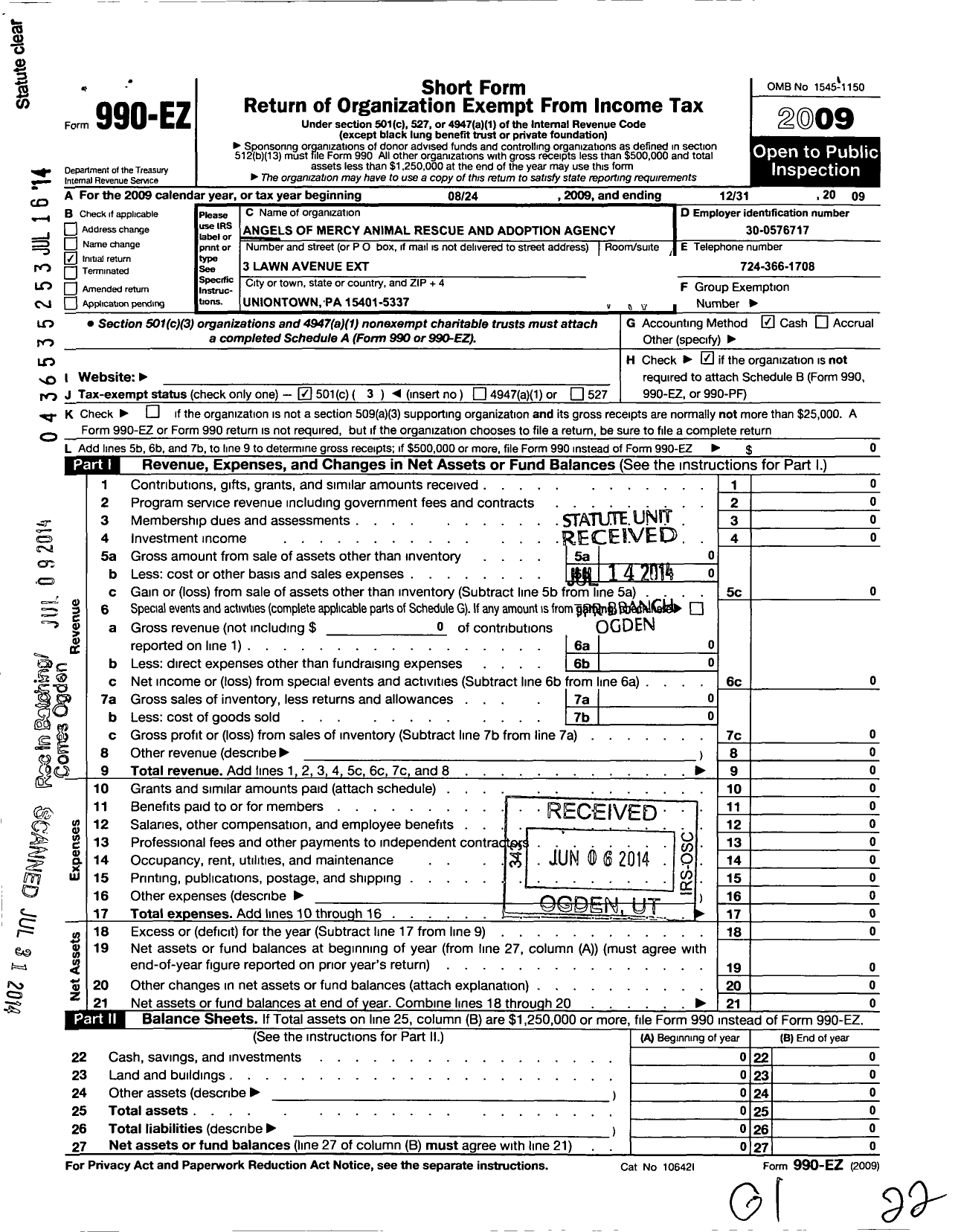 Image of first page of 2009 Form 990EZ for Angels of Mercy Animal Rescue and Adoption Agency