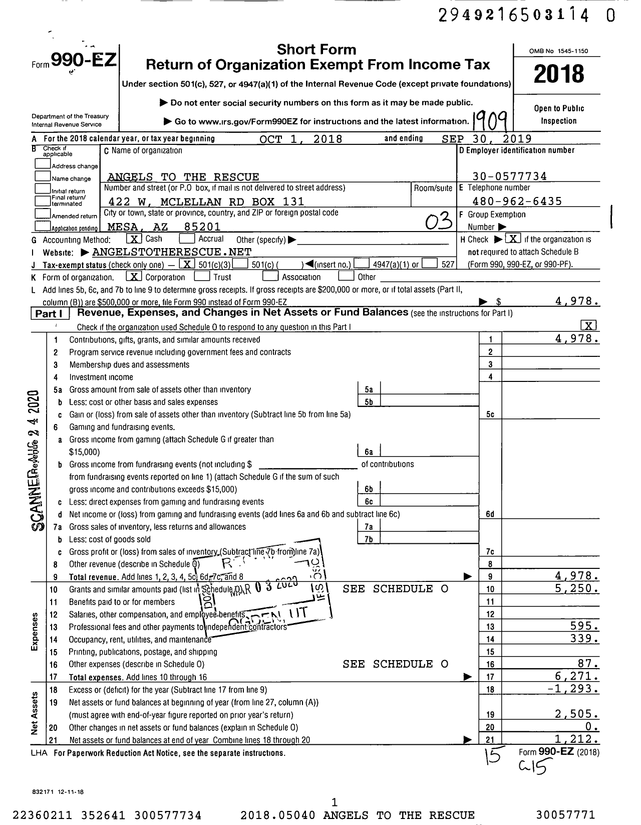 Image of first page of 2018 Form 990EZ for Angels To the Rescue