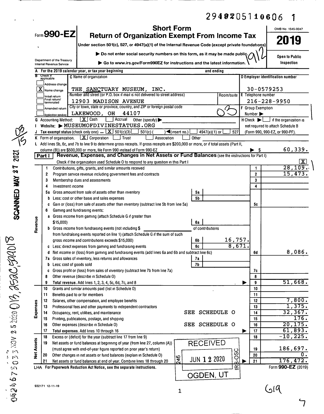 Image of first page of 2019 Form 990EZ for The Sanctuary Museum