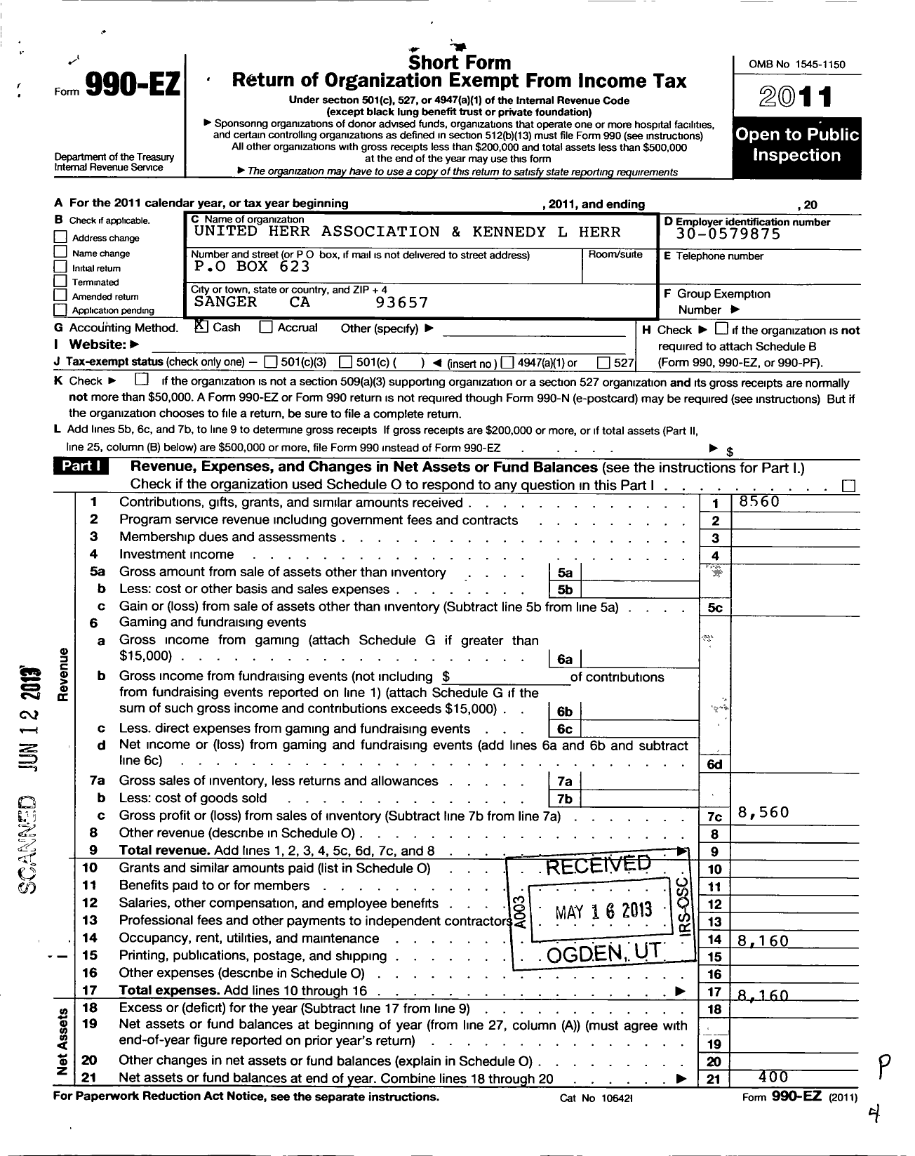 Image of first page of 2011 Form 990EO for United Herr Association