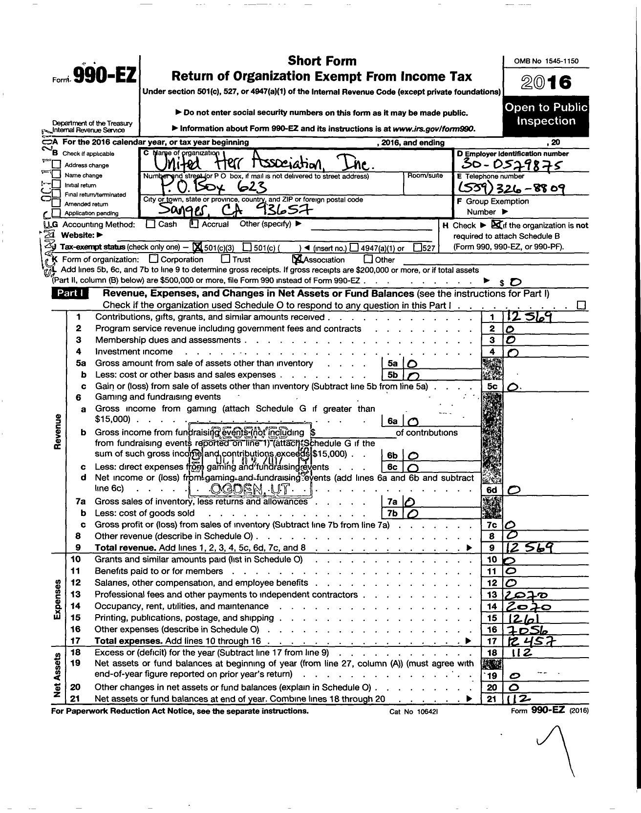 Image of first page of 2016 Form 990EZ for United Herr Association