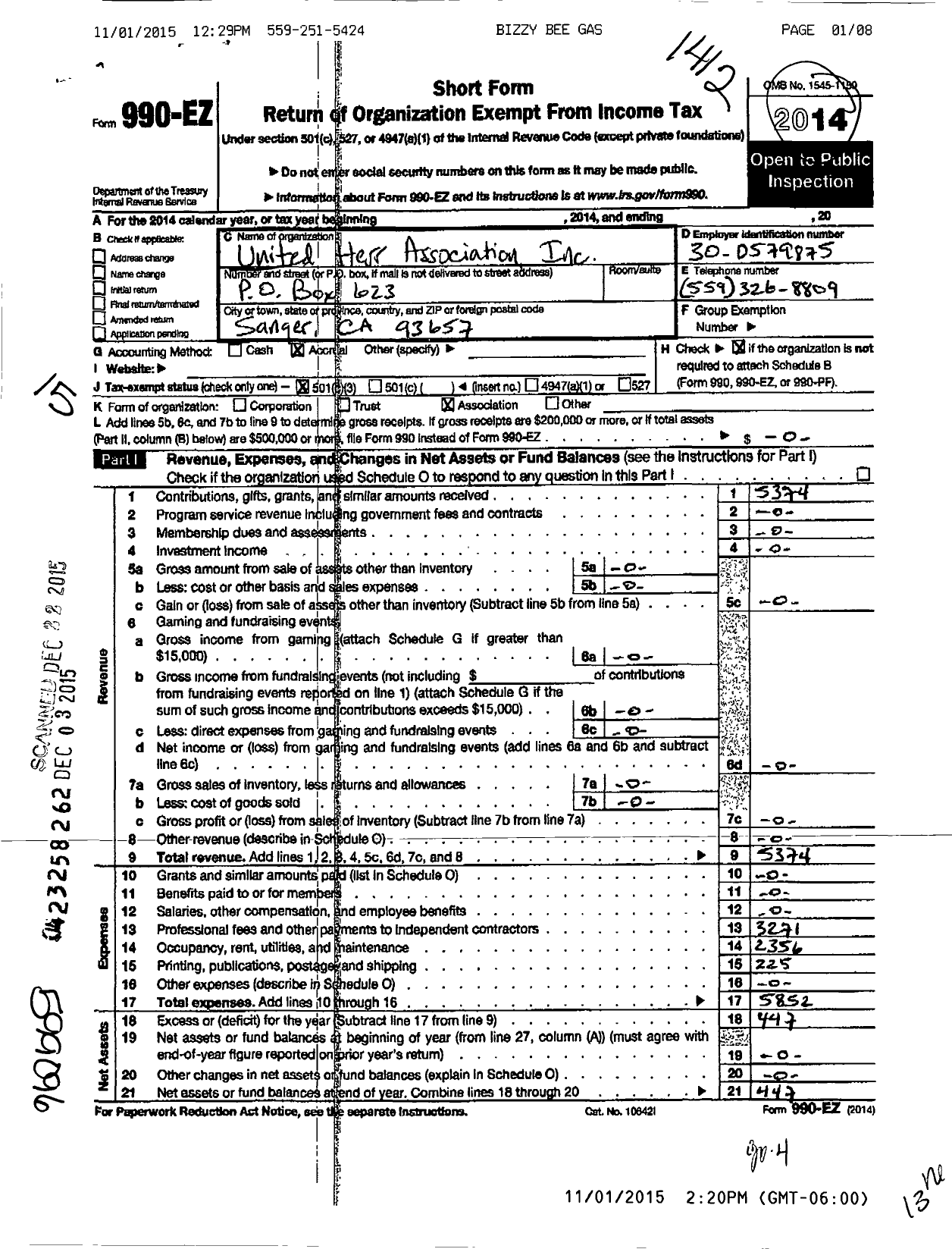 Image of first page of 2014 Form 990EZ for United Herr Association