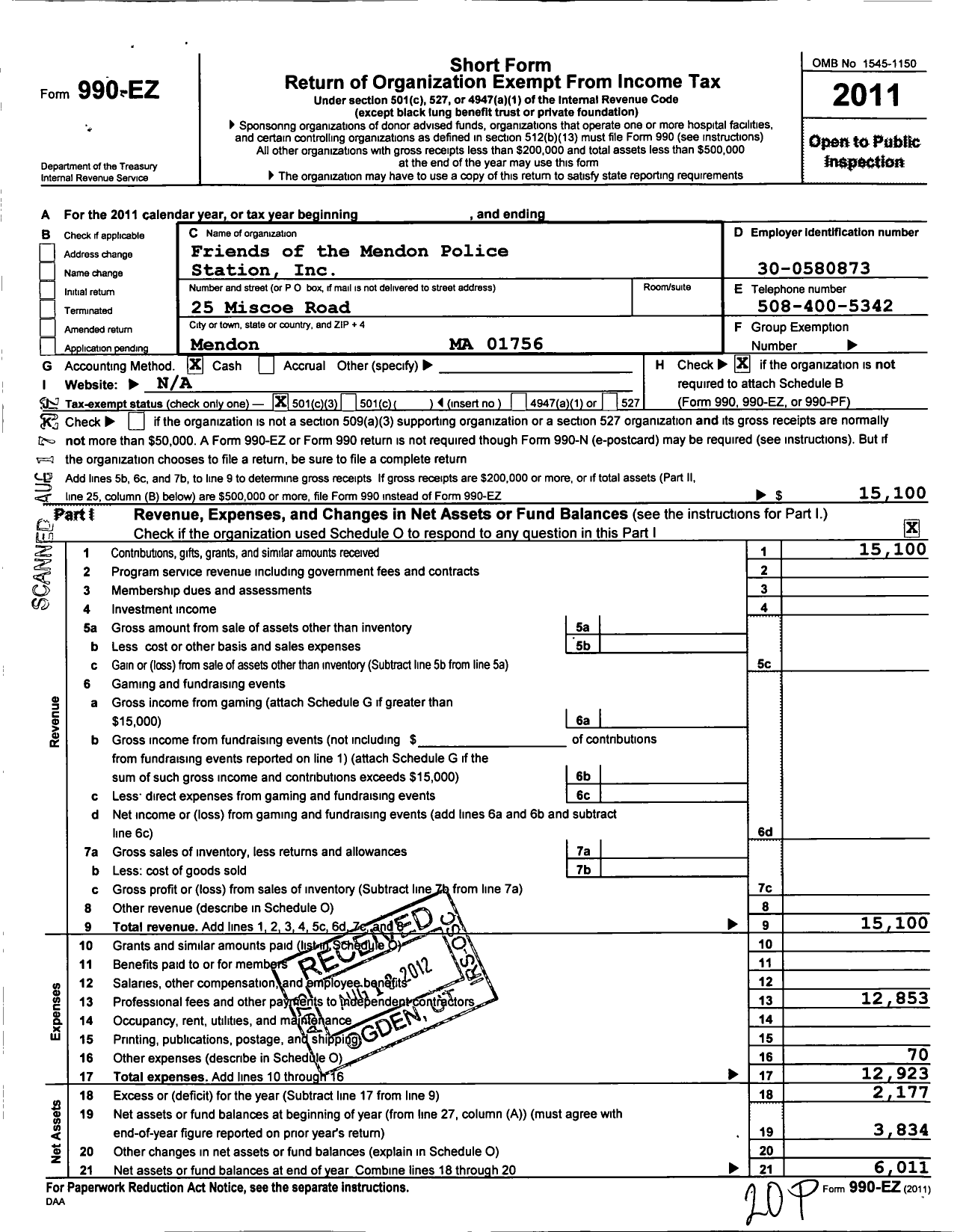 Image of first page of 2011 Form 990EZ for Friends of Mendon Police Station