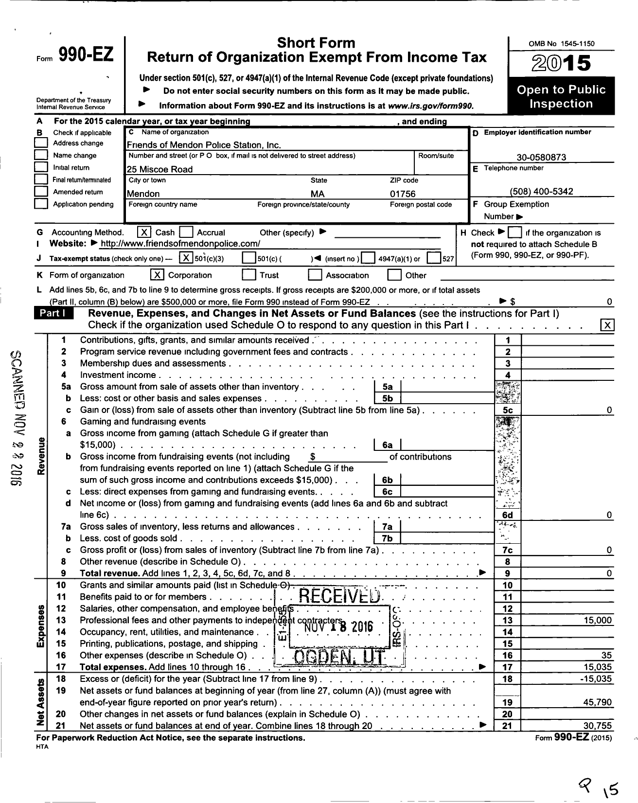 Image of first page of 2015 Form 990EZ for Friends of Mendon Police Station