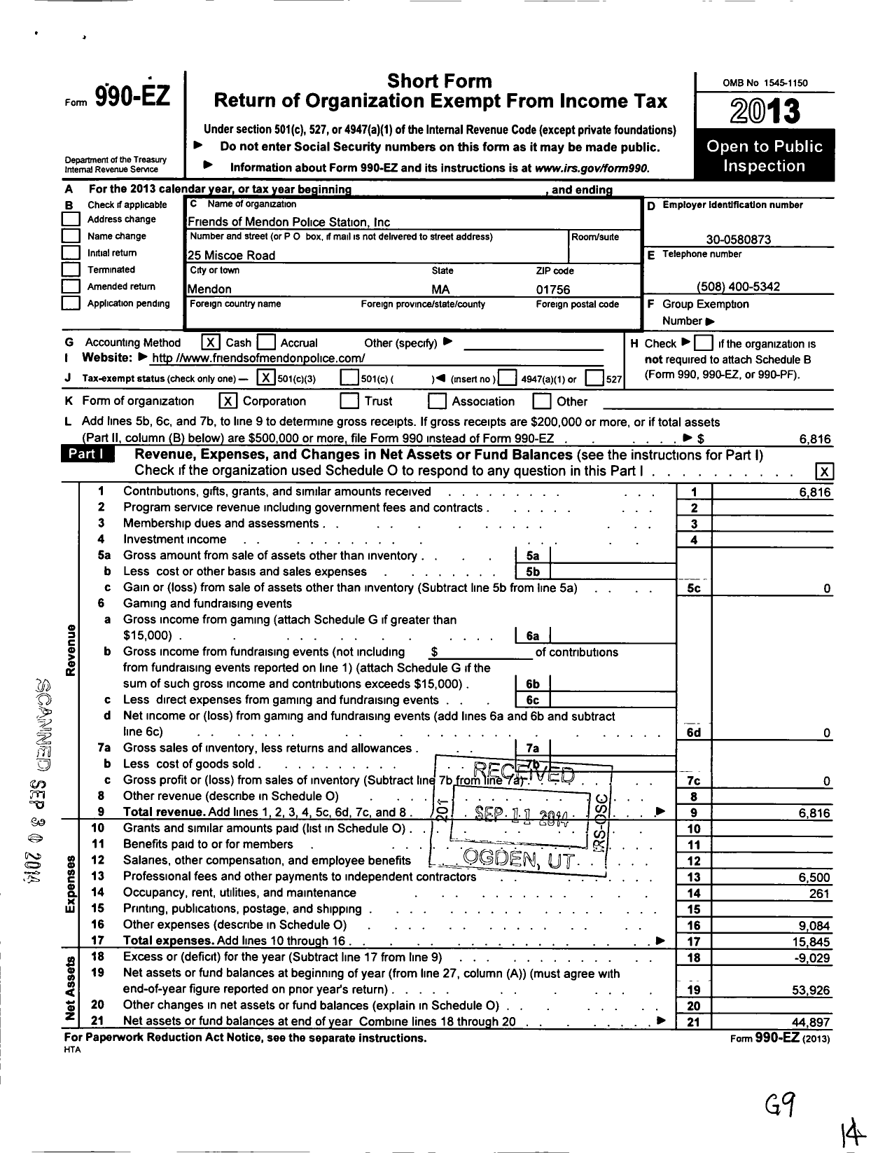 Image of first page of 2013 Form 990EZ for Friends of Mendon Police Station