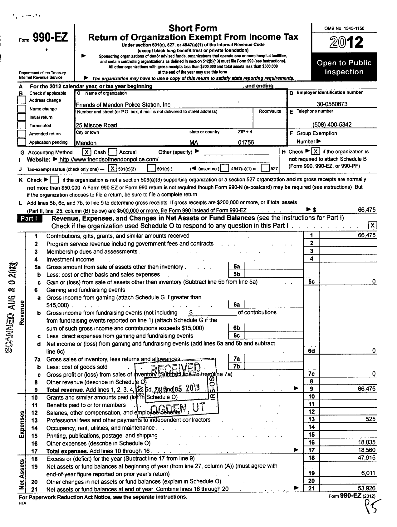 Image of first page of 2012 Form 990EZ for Friends of Mendon Police Station