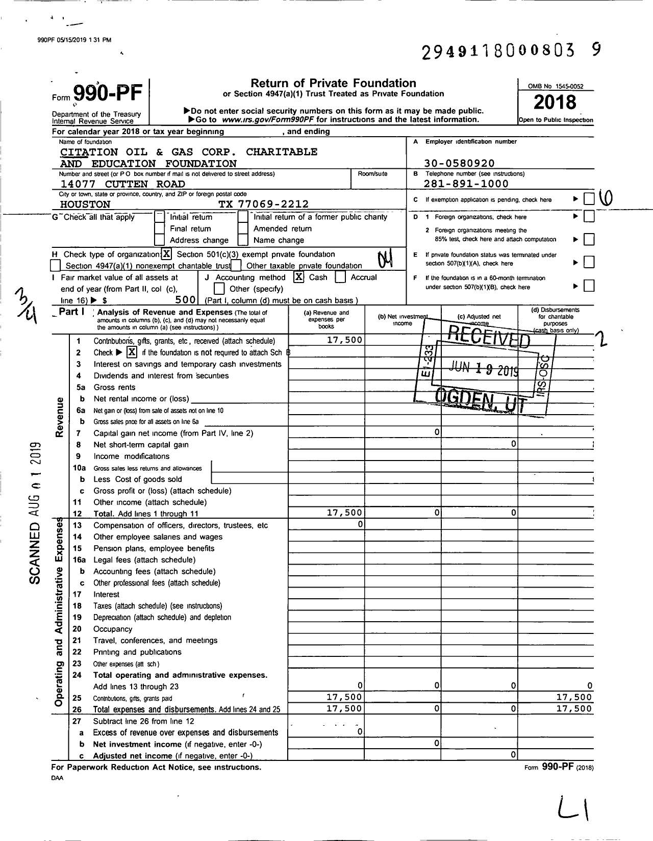 Image of first page of 2018 Form 990PF for Citation Oil and Gas Corp Charitable and Education Foundation