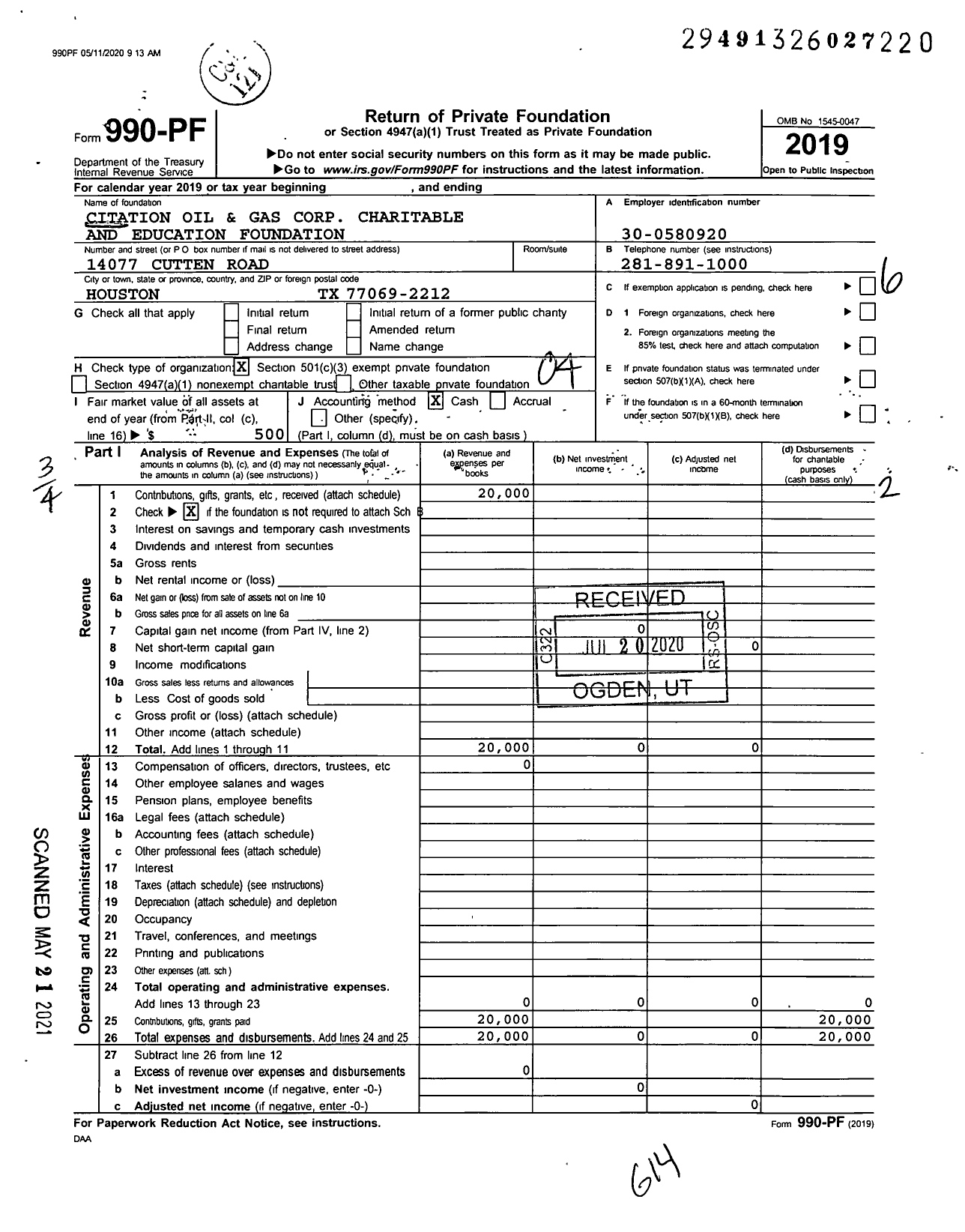 Image of first page of 2019 Form 990PF for Citation Oil and Gas Corp Charitable and Education Foundation
