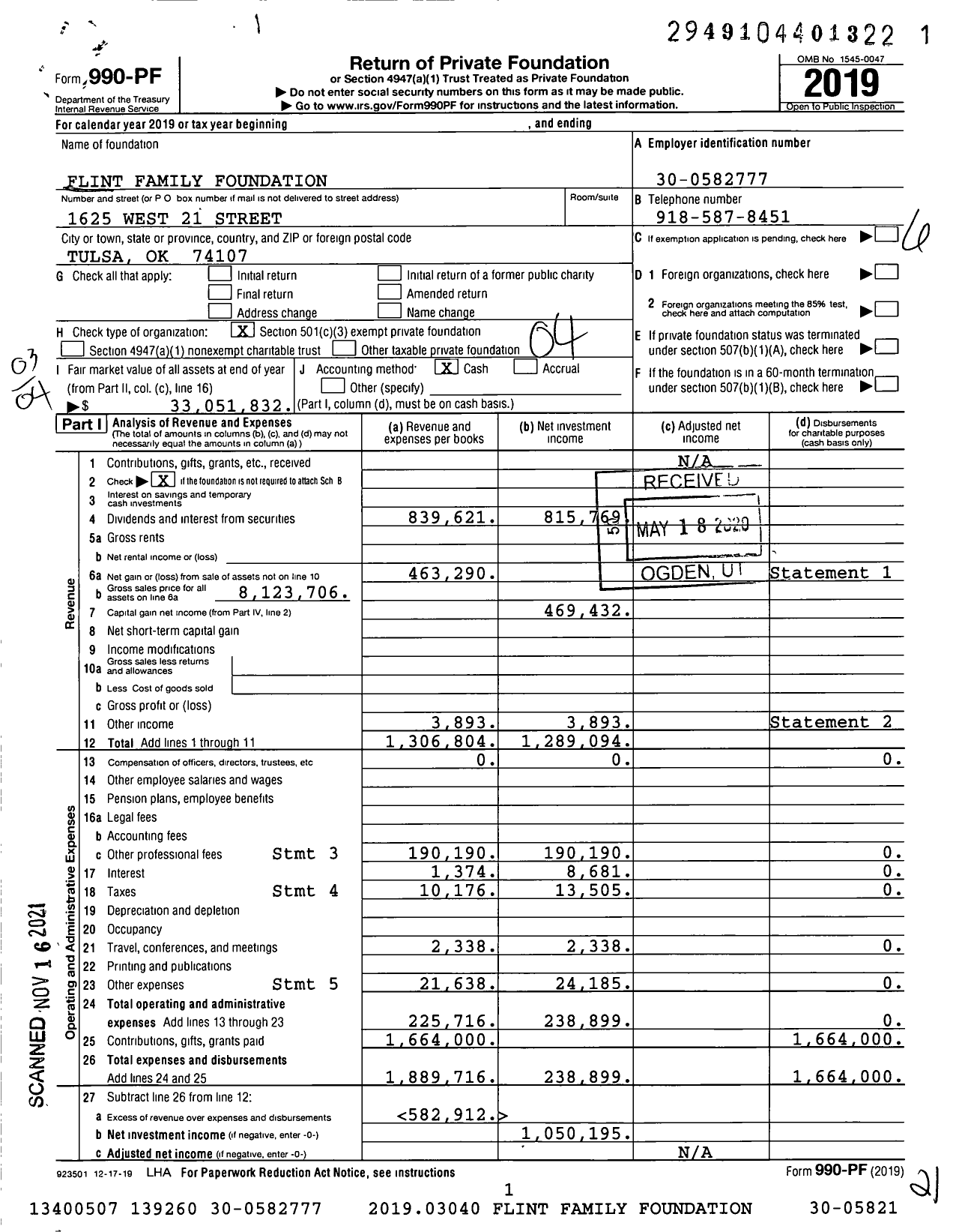 Image of first page of 2019 Form 990PF for Flint Family Foundation