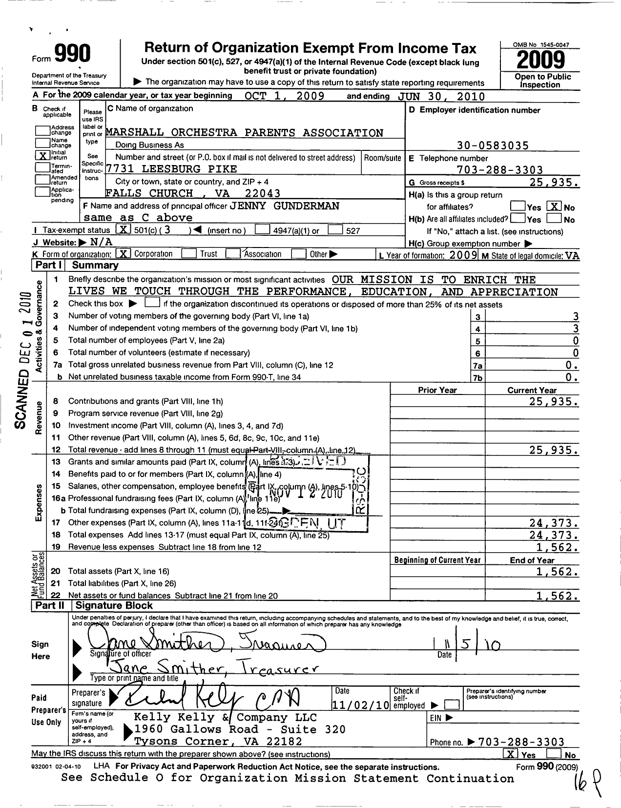 Image of first page of 2009 Form 990 for Marshall Orchestra Parents Association