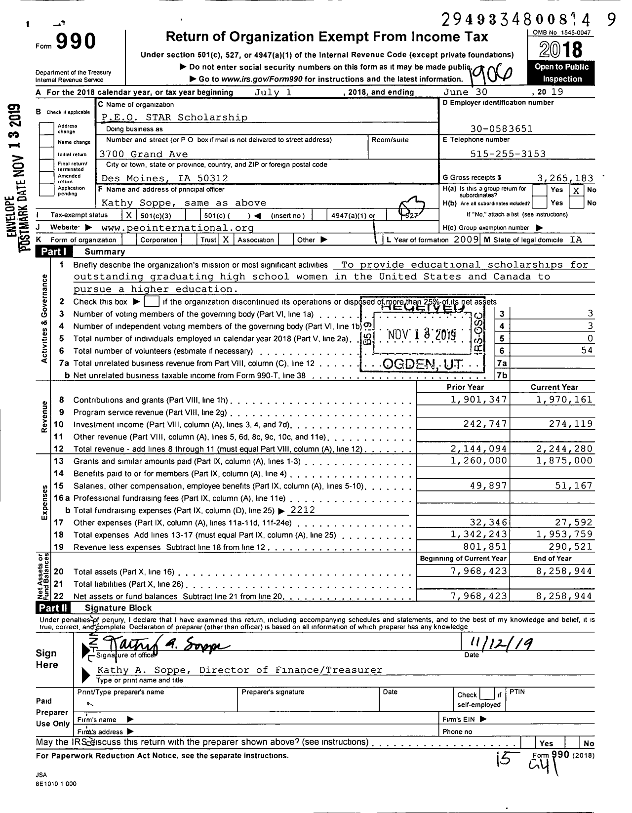 Image of first page of 2018 Form 990 for PEO STAR Scholarship