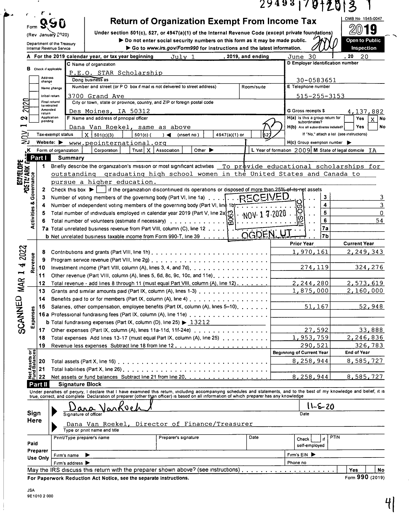 Image of first page of 2019 Form 990 for PEO STAR Scholarship