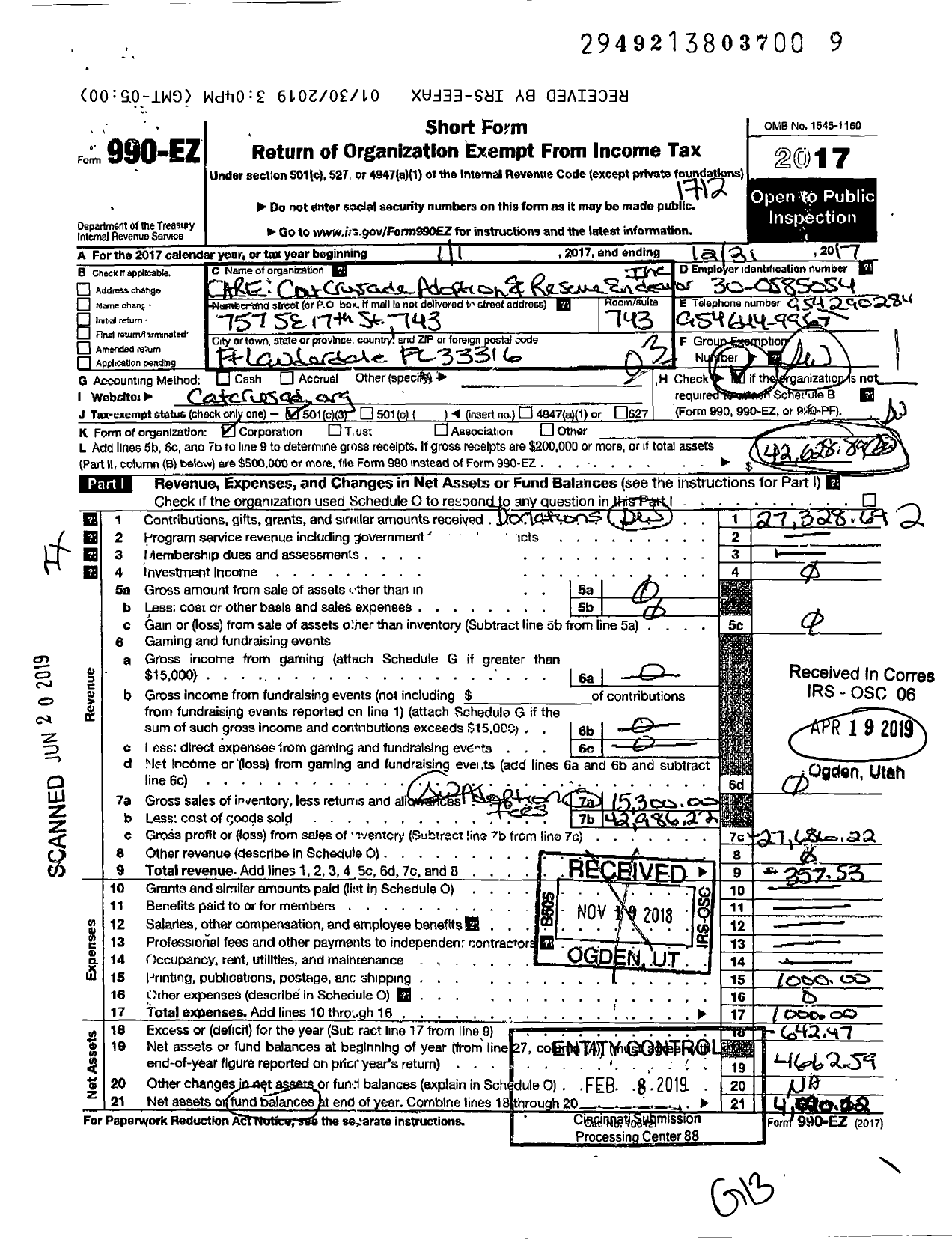 Image of first page of 2017 Form 990EZ for Care Cat Crusade Adoption and Rescue Endeavor