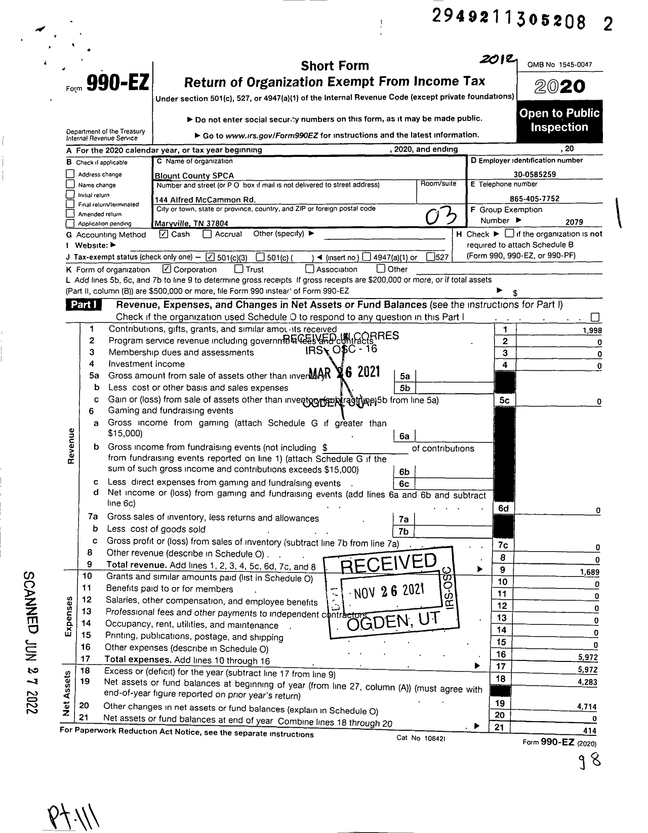Image of first page of 2020 Form 990EZ for Blount County Spca