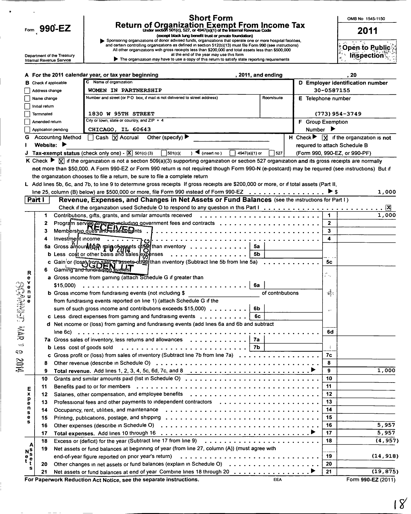 Image of first page of 2011 Form 990EZ for Women in Partnership