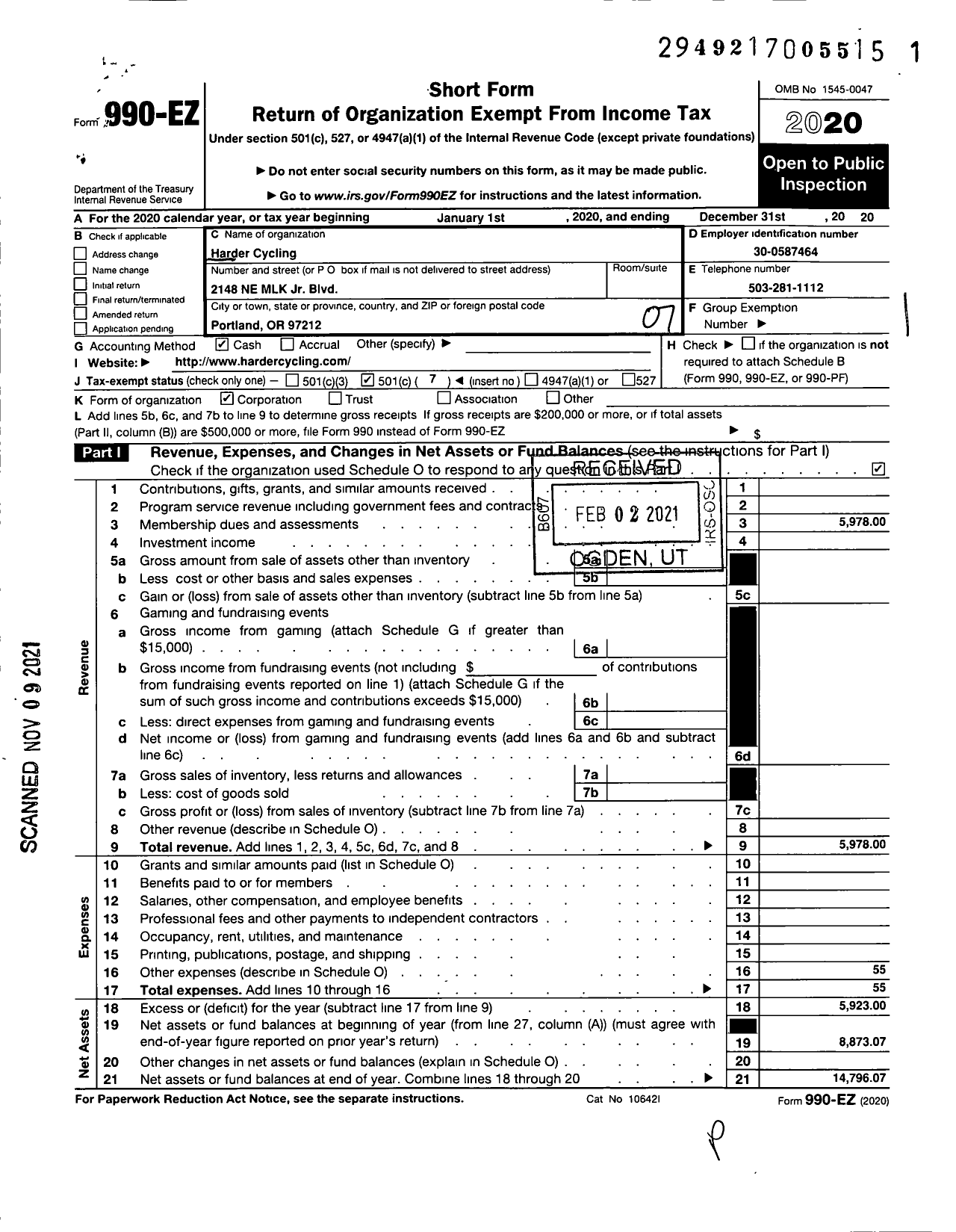 Image of first page of 2020 Form 990EO for Harder Cycling