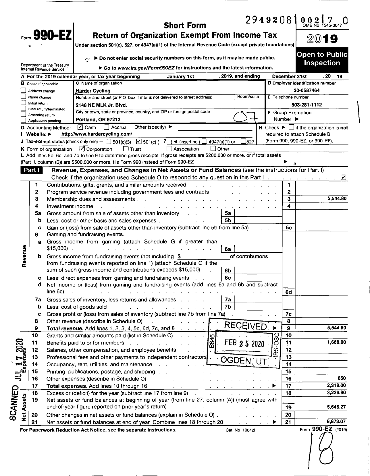 Image of first page of 2019 Form 990EO for Harder Cycling