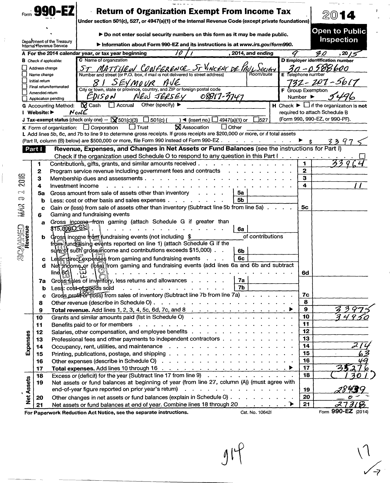 Image of first page of 2014 Form 990EZ for SOCIETY OF ST VINCENT DE PAUL COUNCIL OF METUCHEN NJ / St Matthew the Apostle