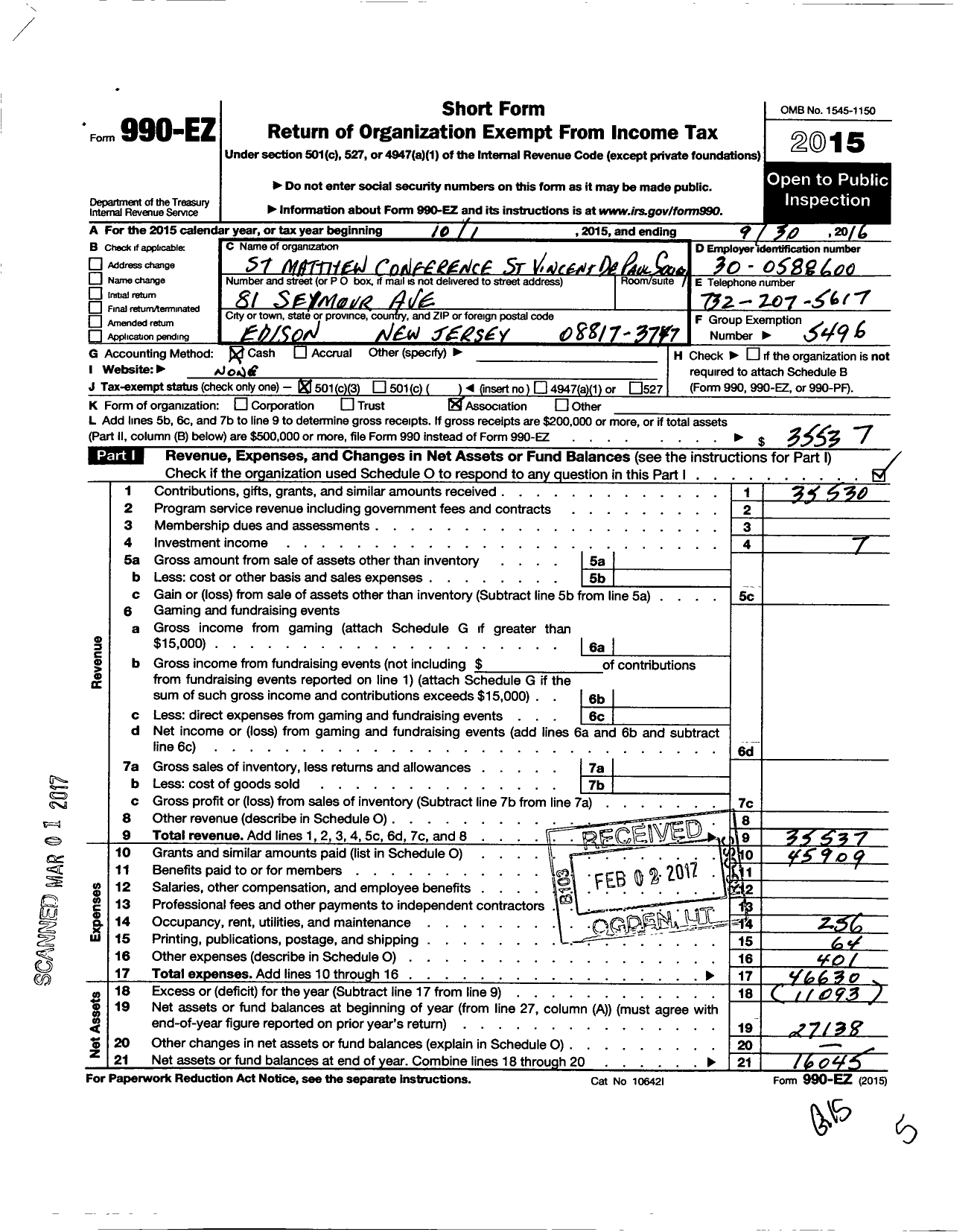 Image of first page of 2015 Form 990EZ for SOCIETY OF ST VINCENT DE PAUL COUNCIL OF METUCHEN NJ INC conference at ST Matthew the Apostle