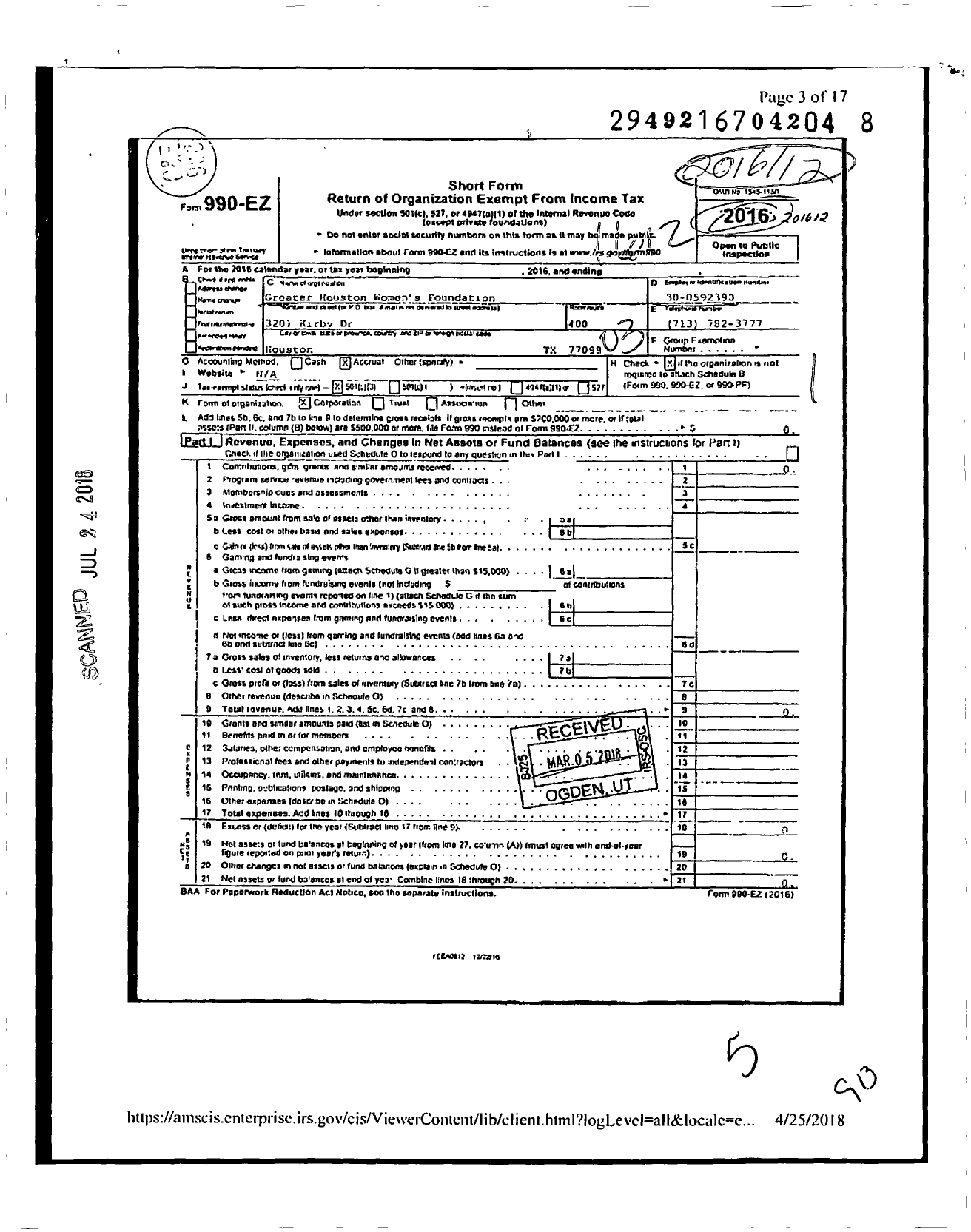 Image of first page of 2016 Form 990EZ for Greater Houston Women's Foundations