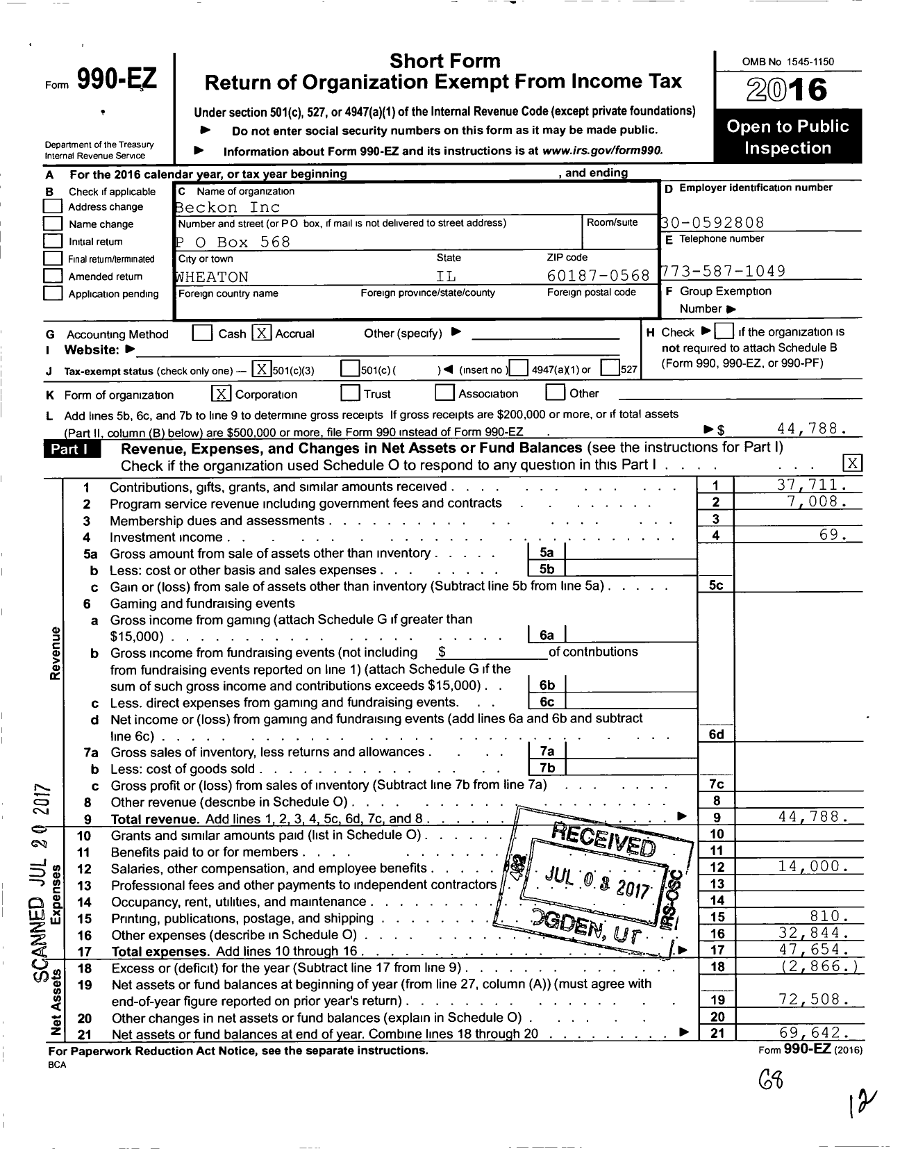 Image of first page of 2016 Form 990EZ for Beckon