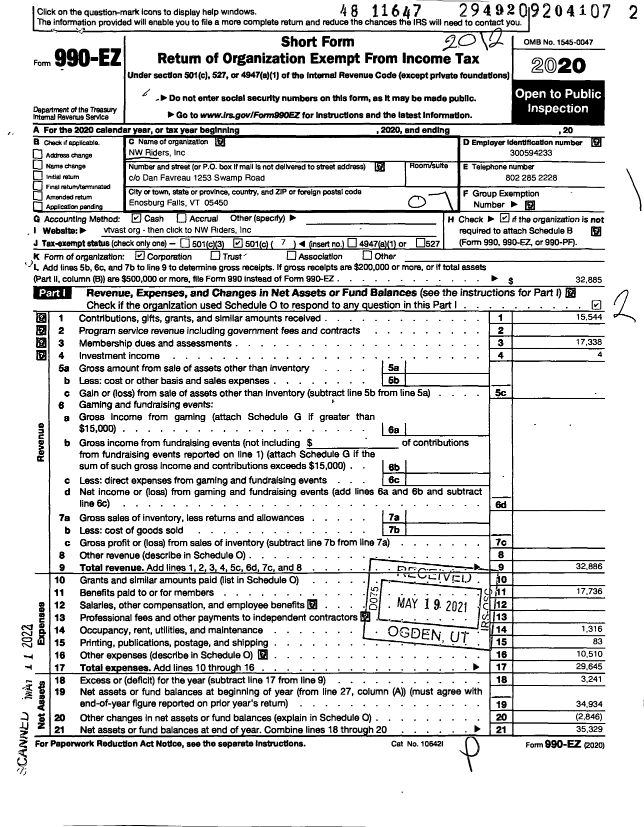 Image of first page of 2020 Form 990EO for Northwest Riders