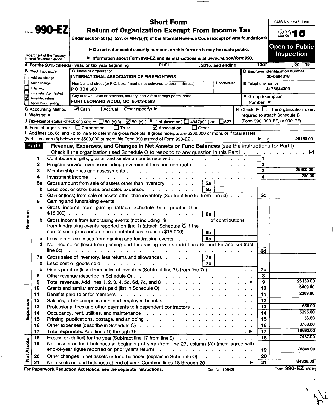 Image of first page of 2015 Form 990EO for International Association of Firefighters Fighters