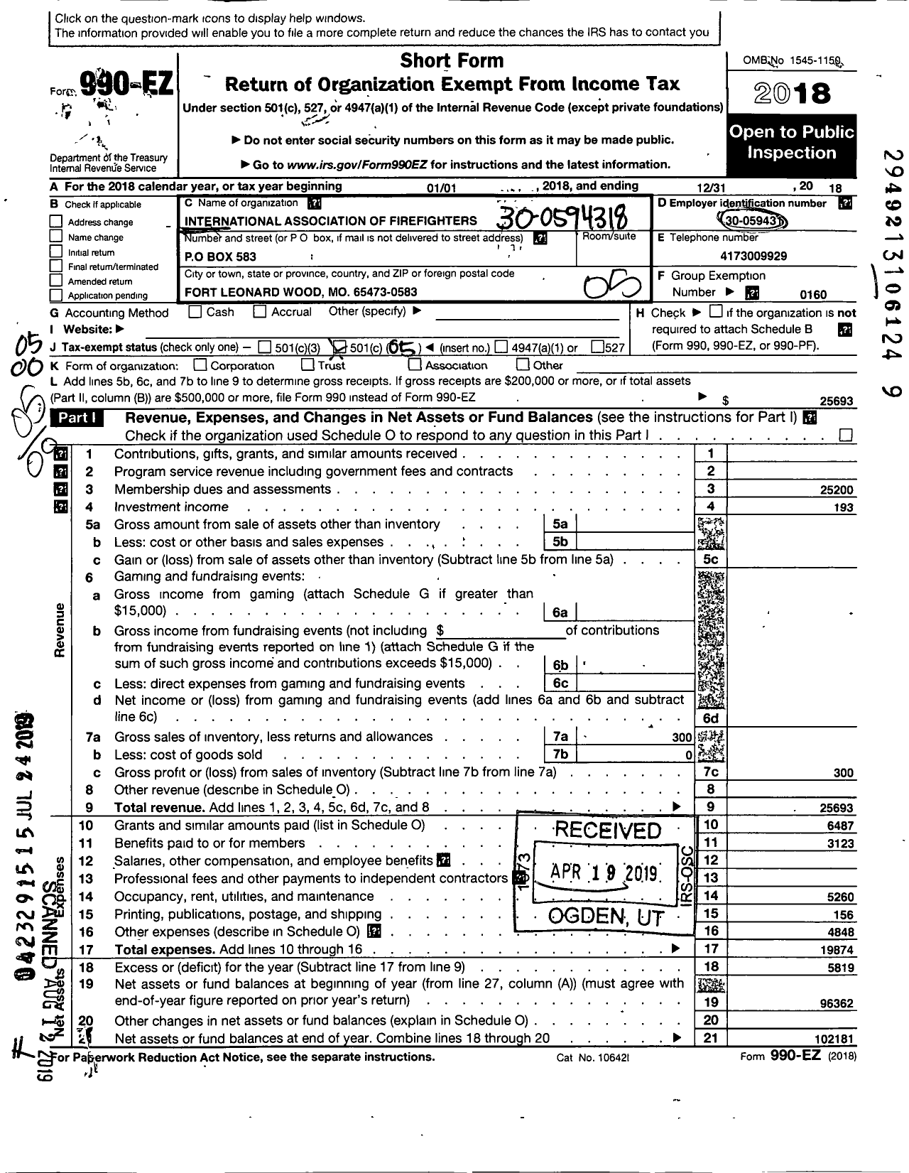 Image of first page of 2018 Form 990EO for International Association of Firefighters Fighters